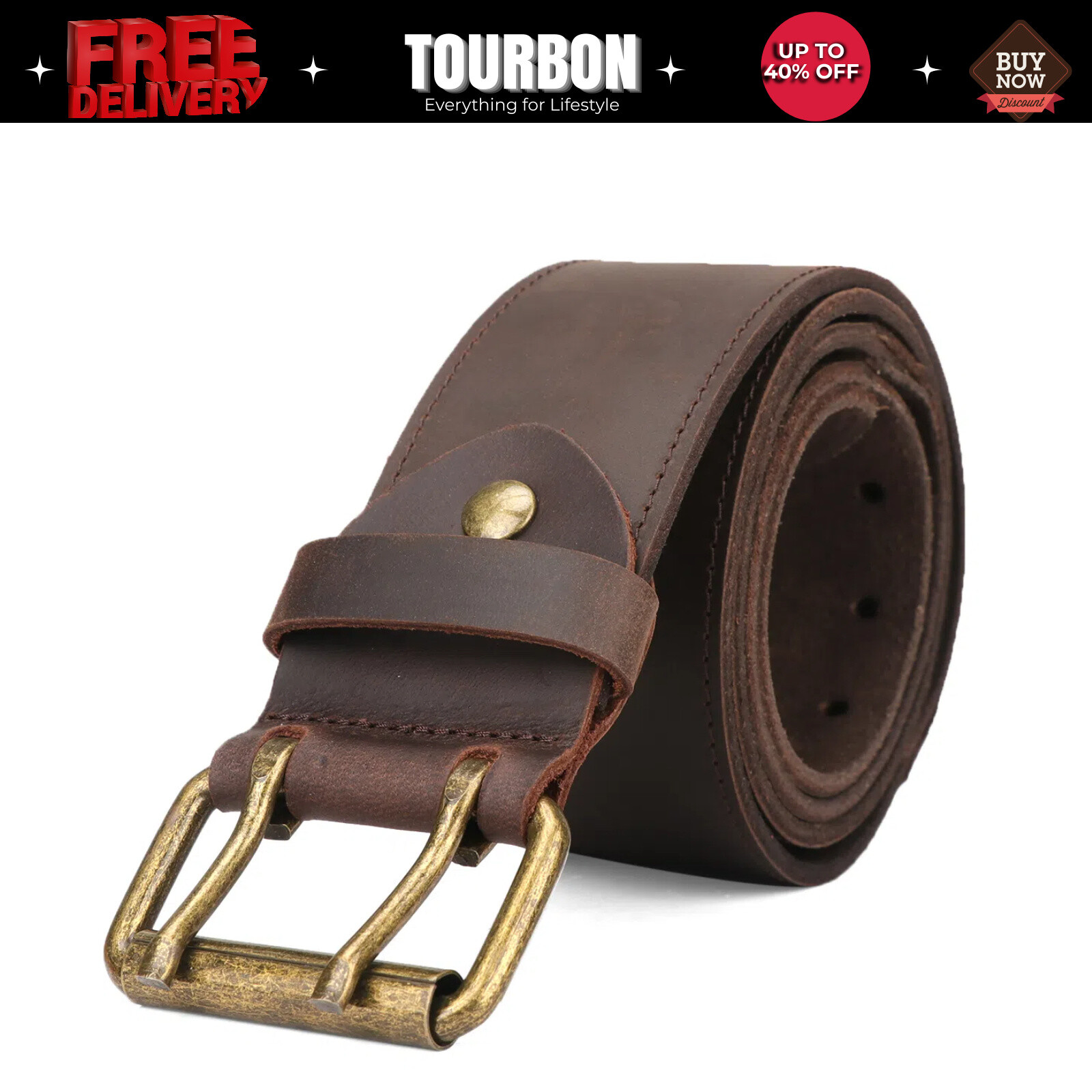 TOURBON Leather Tool Carry Workshop Waist Belt 2″ Double Roller Buckle Rig Belt