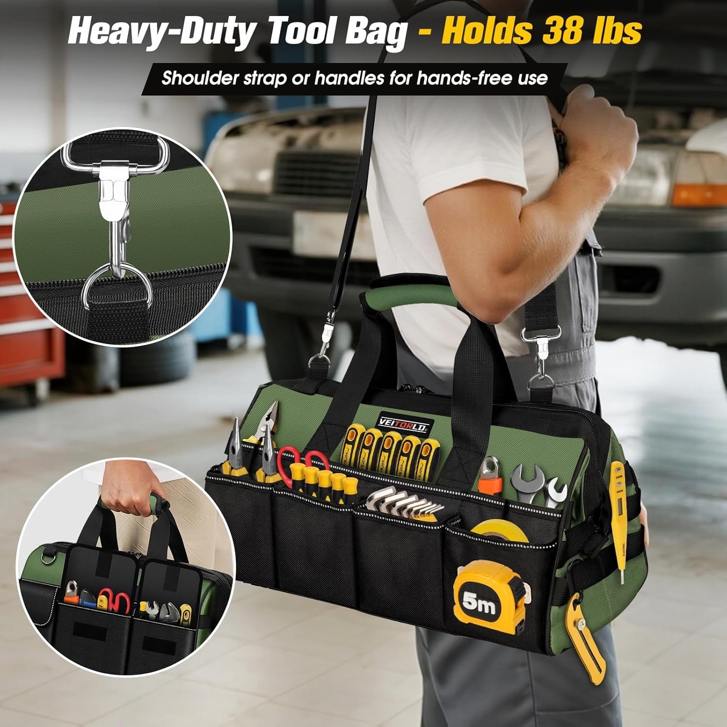 16-Inch Heavy-Duty Tool Bag – 19 Pocket Organizer in Deep Green for Efficiency