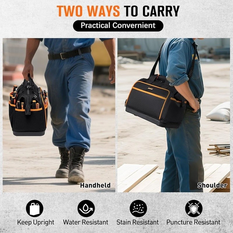 Heavy Duty Tool Bag 26 Pockets Waterproof Organizer Wide Open Design Crossbody