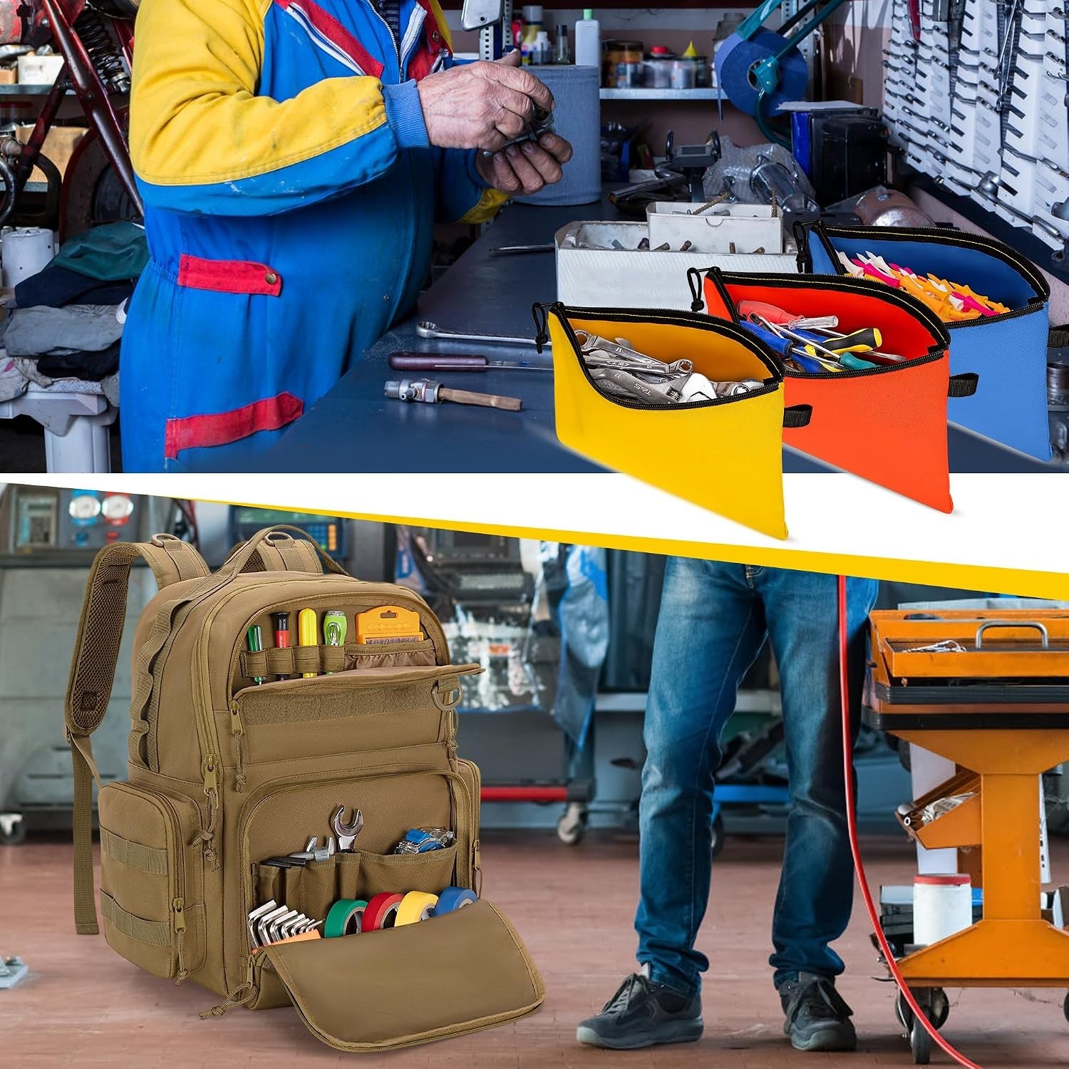 Khaki Heavy-Duty Tool Backpack with 3 Pouches for Electrician Repairmen