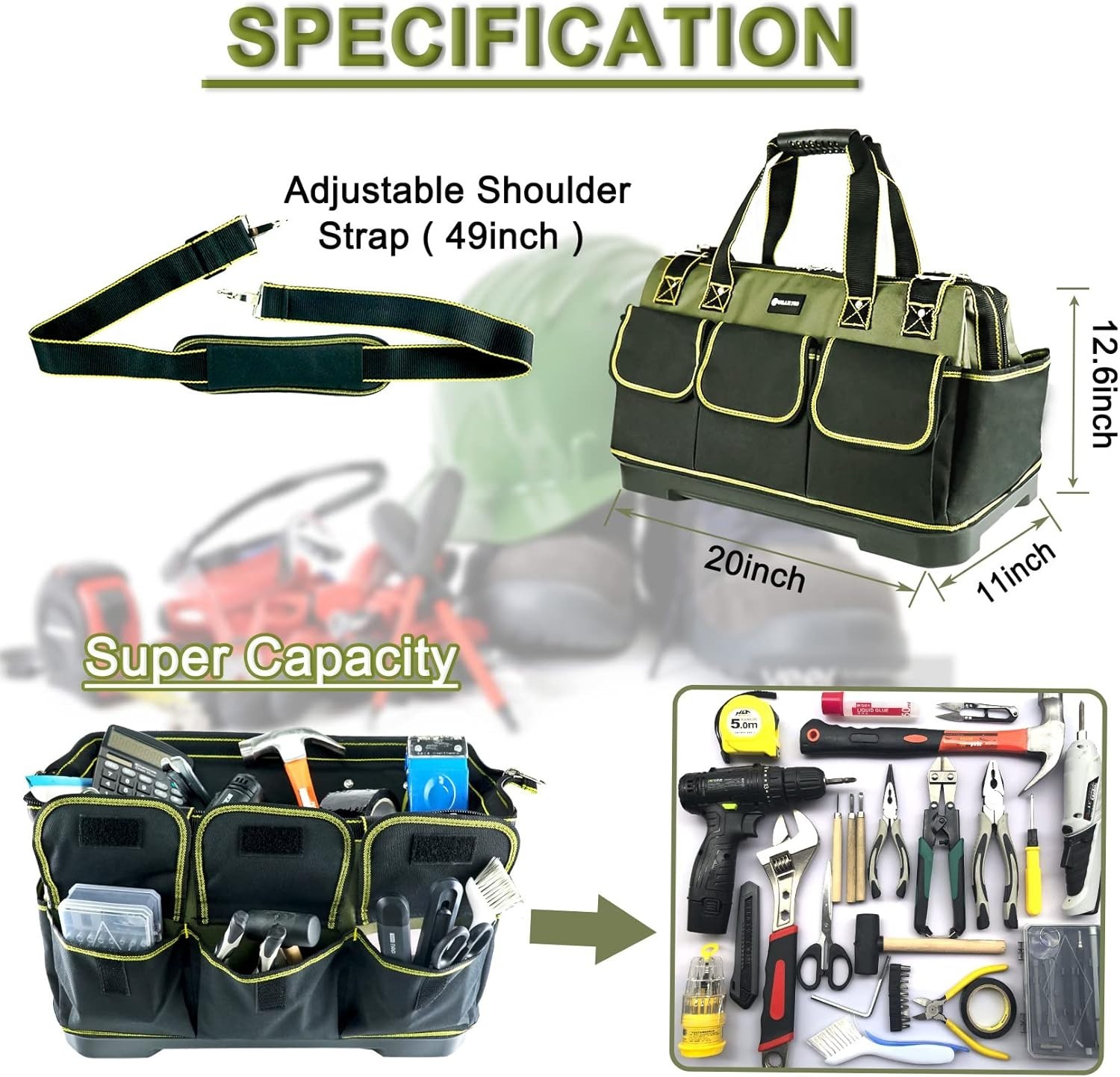 20in Heavy Duty Tool Bag Wide Mouth Tool Tote Waterproof Base Shoulder Strap Org