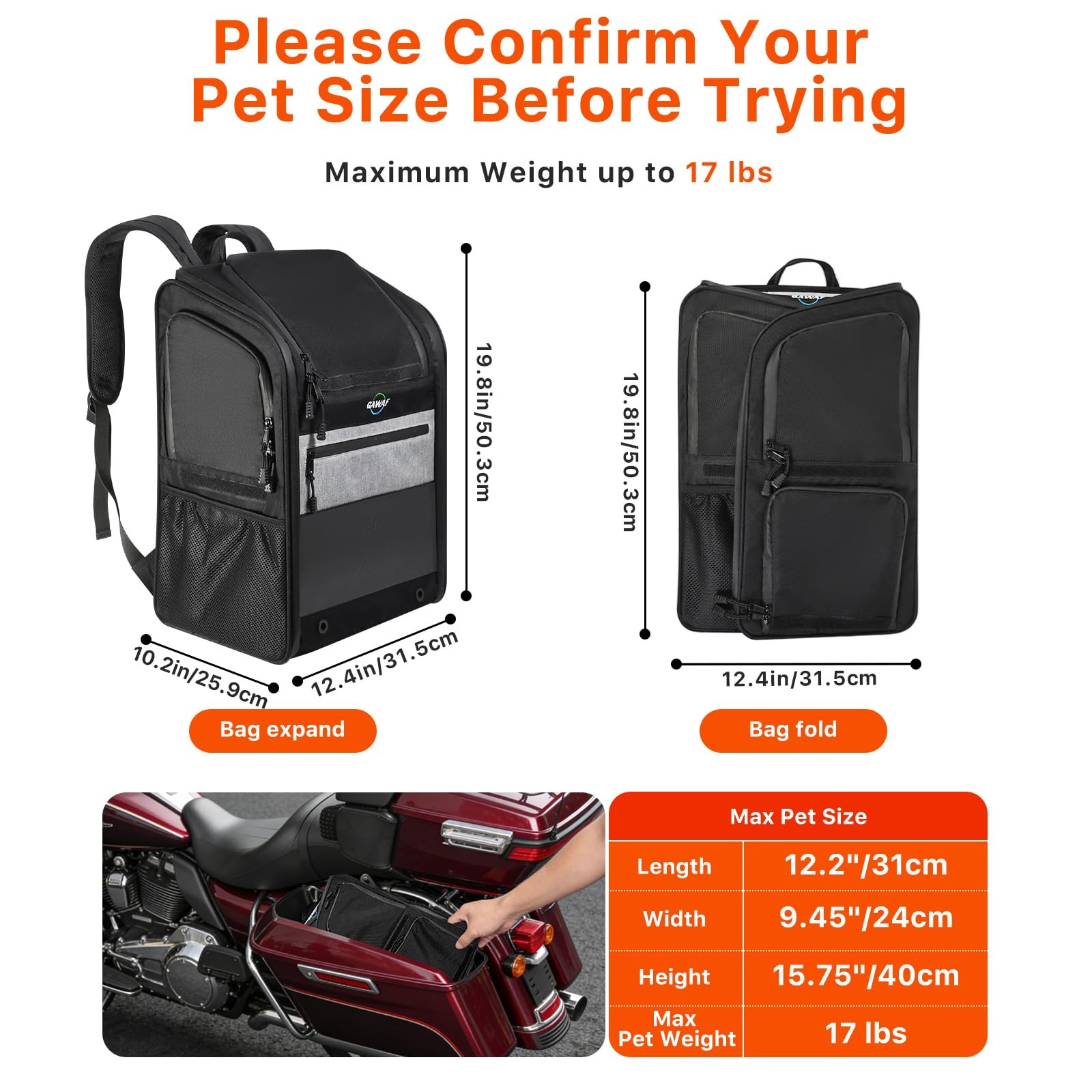 Motorcycle Dog Carrier Bag, 17 lbs for Small Dog & Cat with Stable Frame, Bre…