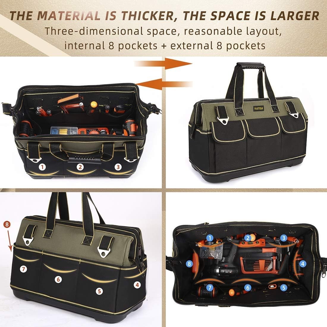 17-Inch Wide Mouth Tool Bag with Water Proof Molded Base?Wide Mouth Tool Tote Ba