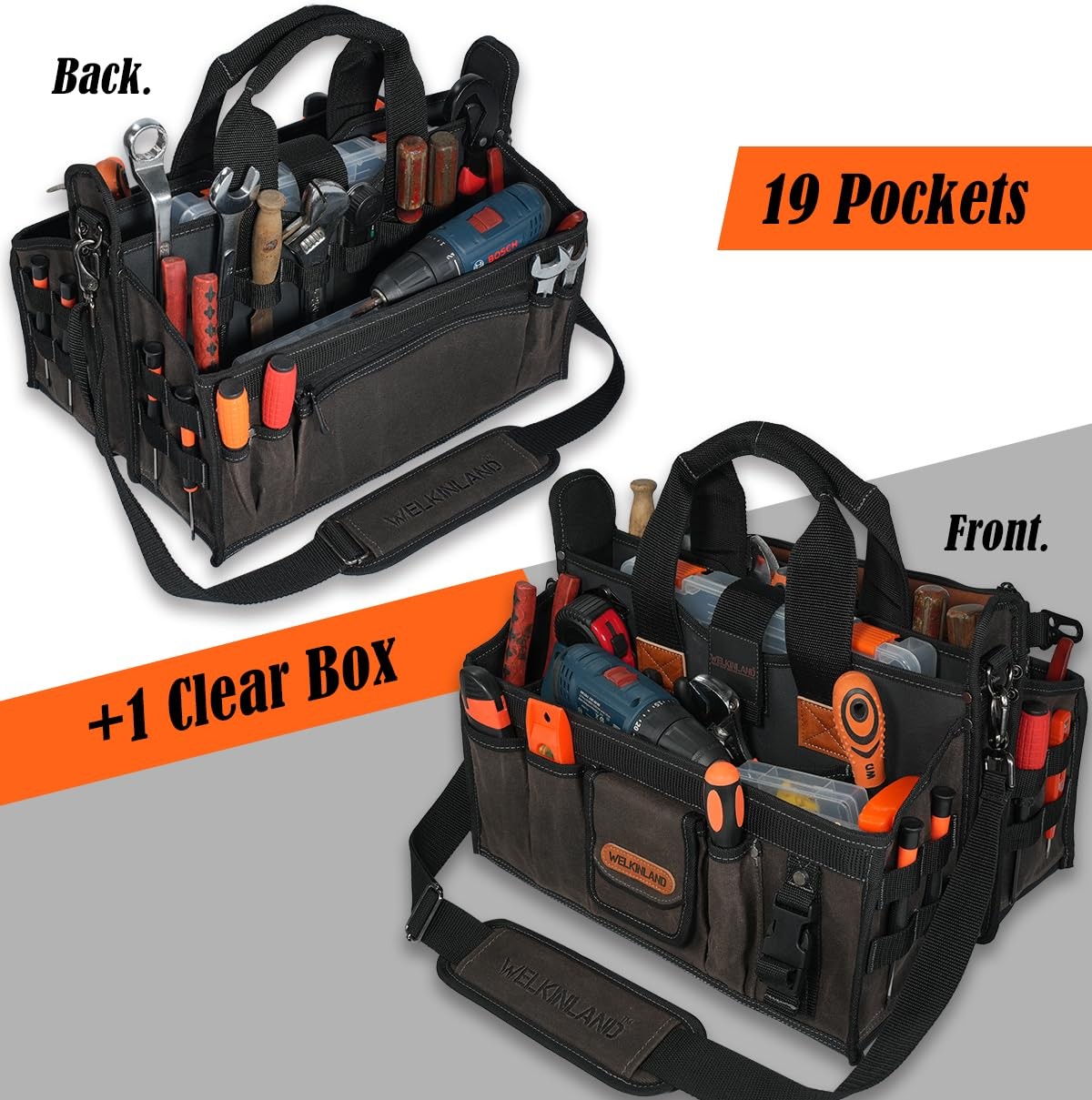 20-Pockets Electrician Tool Tote, 16″-Wide Open Top Tool Tote, Waxed-Canvas E…