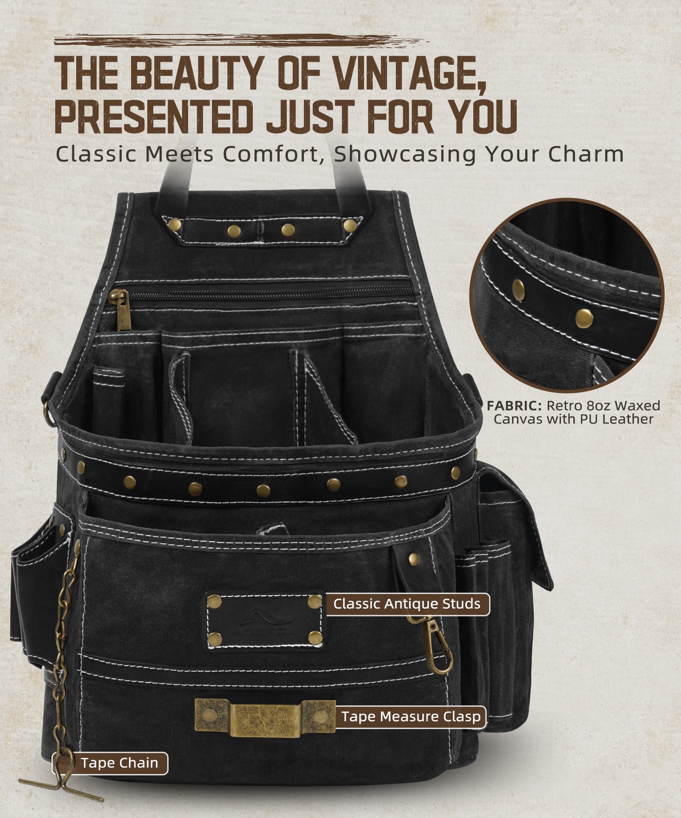 Professional Canvas Tool Belt Bag with Leather Handle & Multi-Pockets Belt Loop