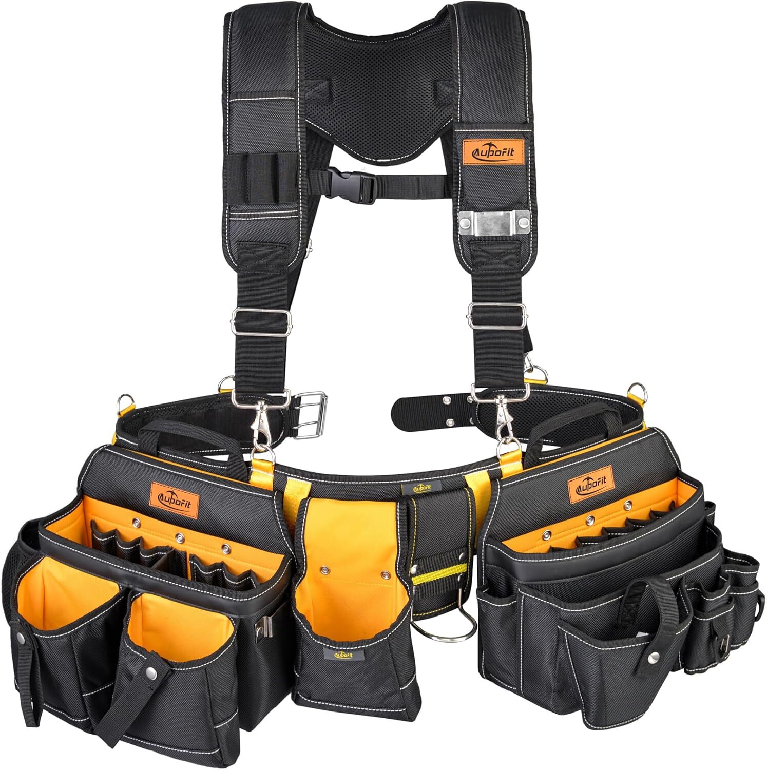 Comfortable and tough 7-piece tool belt 32 pockets and loops, black and yellow。