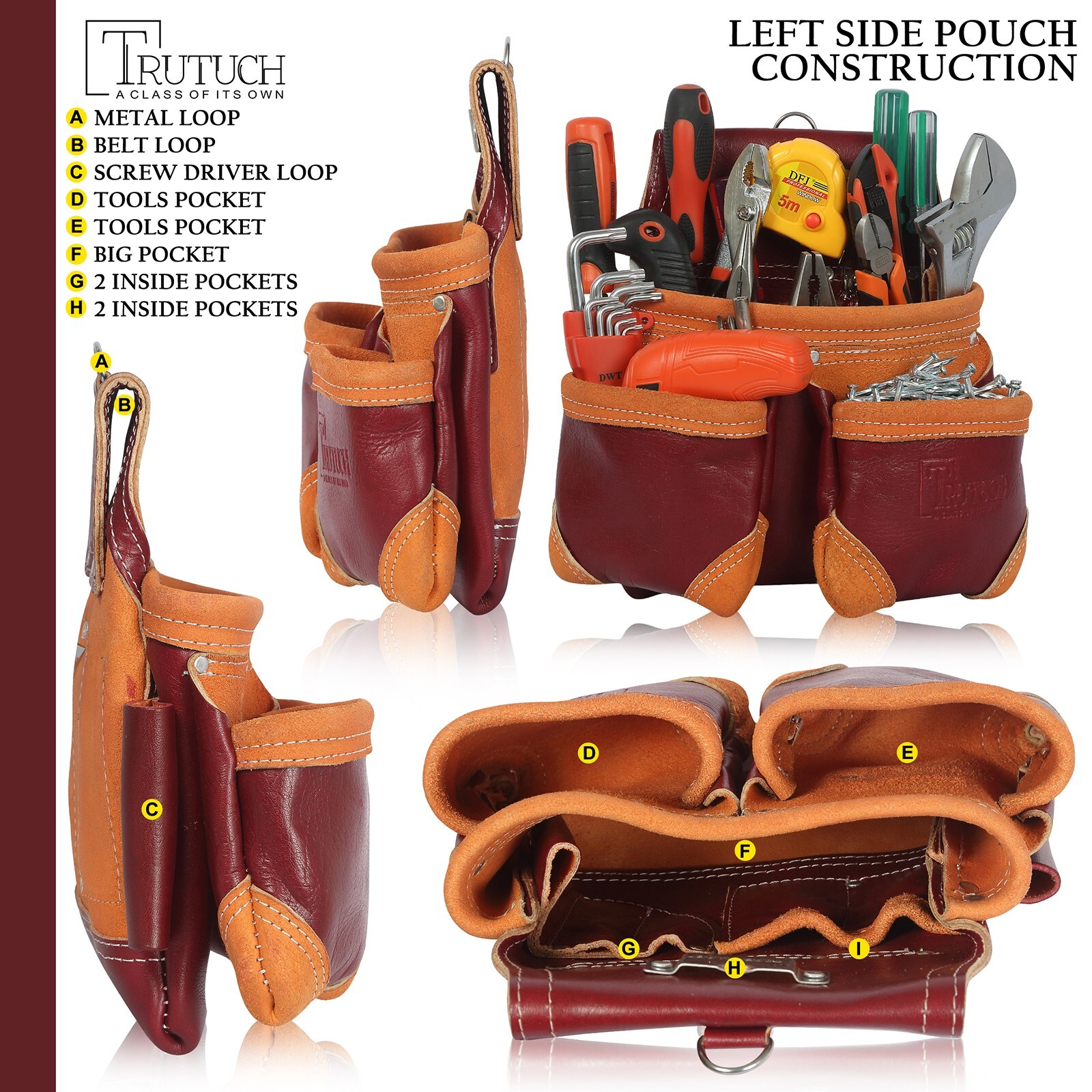 Trutuch Maroon Leather Tool Belt with Suspender | 18 Pockets | Framers Tool Belt