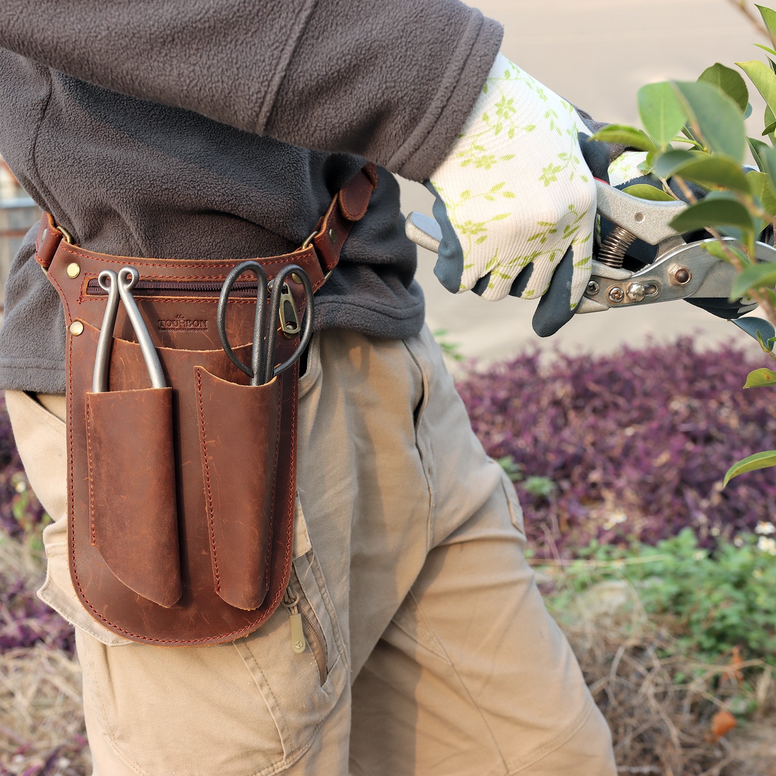 TOURBON Leather Garden Tool Florist Organizer Belt Bag Storage Phone EDC Case