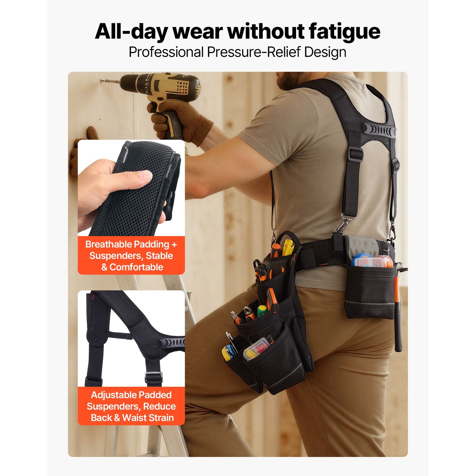 Adjustable 19-Pocket Tool Belt, 600D Polyester, 31-51in Waist