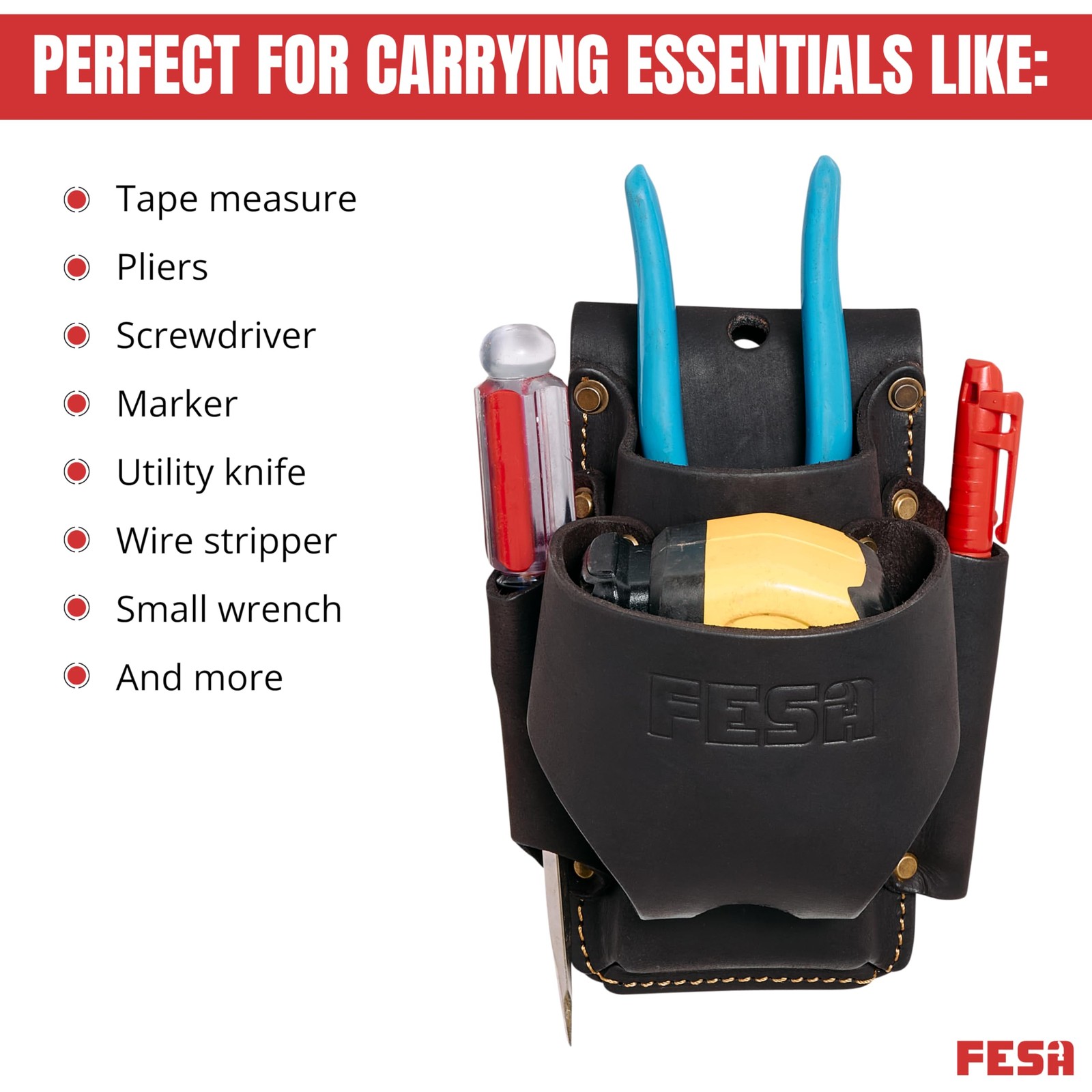 4-in-1 Leather Tape Measure Holder Heavy Top Grain Small Tool Pouch Brown