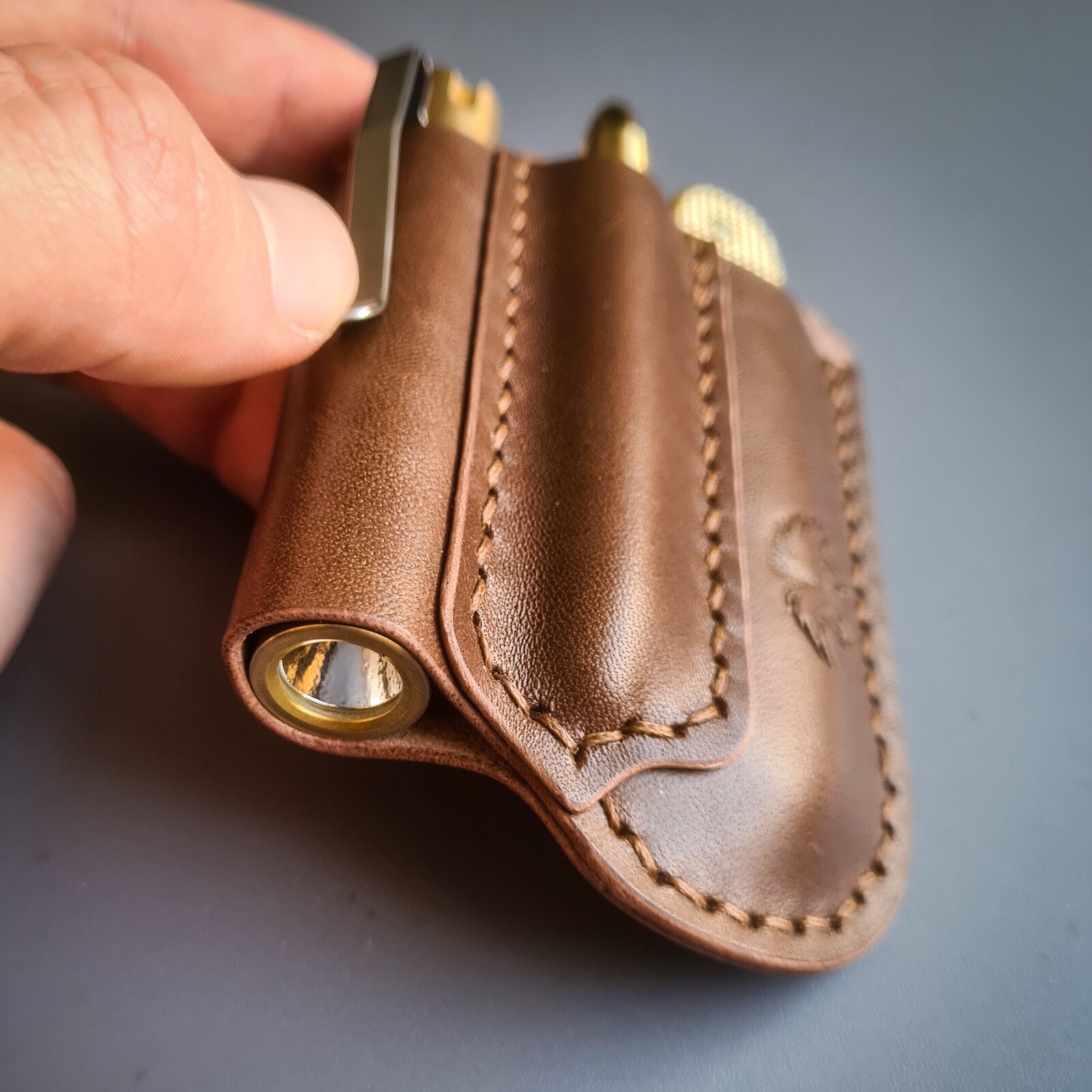 Handmade Leather Edc Pocket Organizer, Flashlight and SAK Leather Sheath