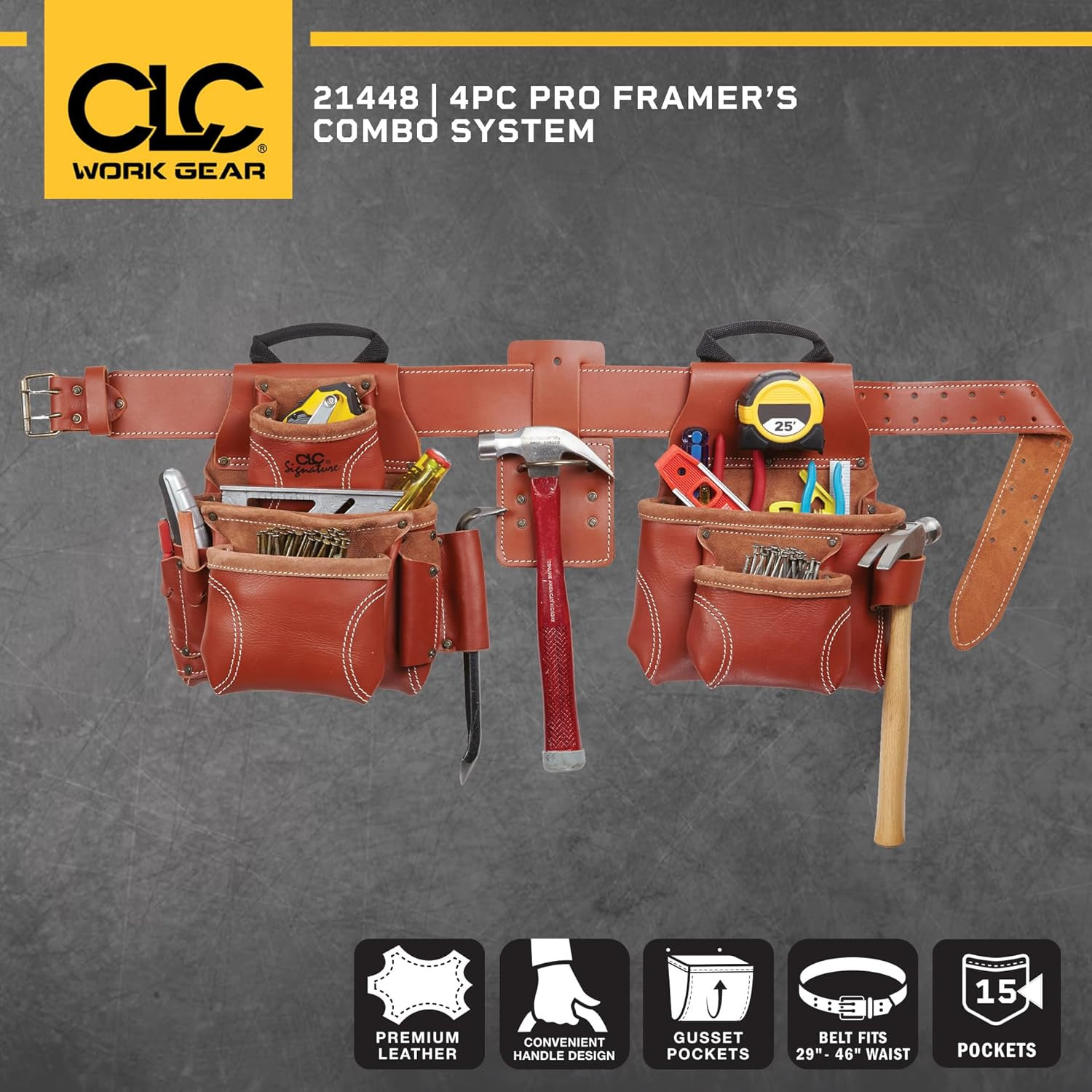 CLC 21448 4 Piece Pro Framer’S Combo System Tool Belt 15 Pocket,Brown