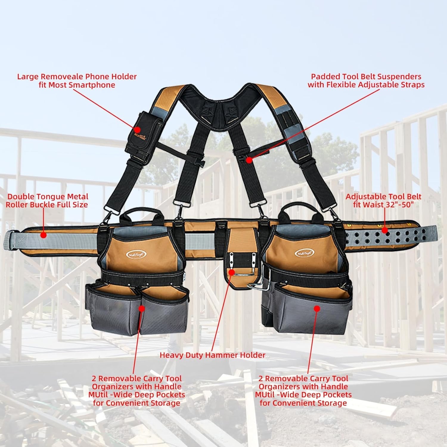 Adjustable 28-Pocket Tool Rig with Heavy Duty Suspenders for Craftsmen – Khaki
