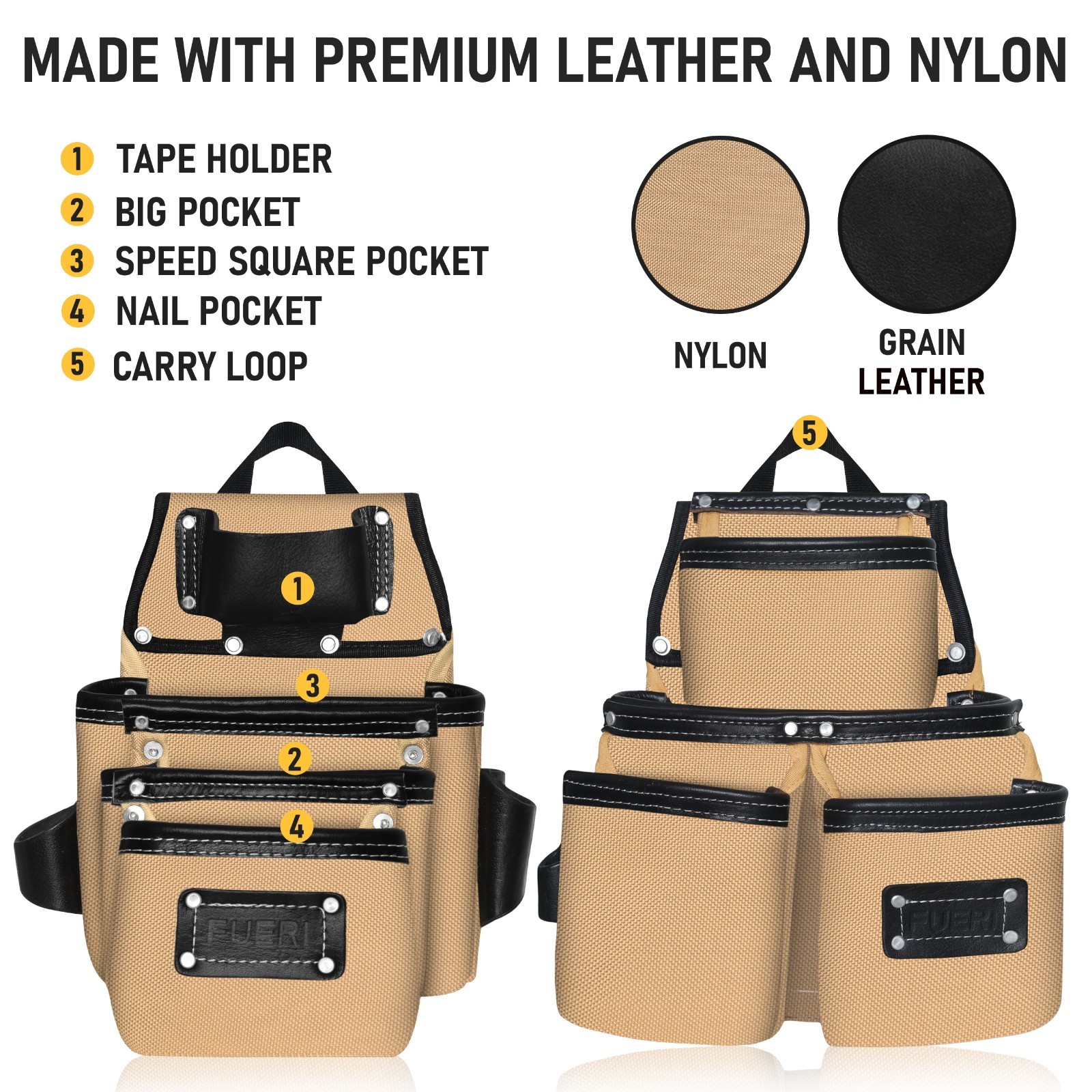 FUERI Electricians Heavy Duty 26 Pocket Leather Nylon Tool Belt Bag Carpenter