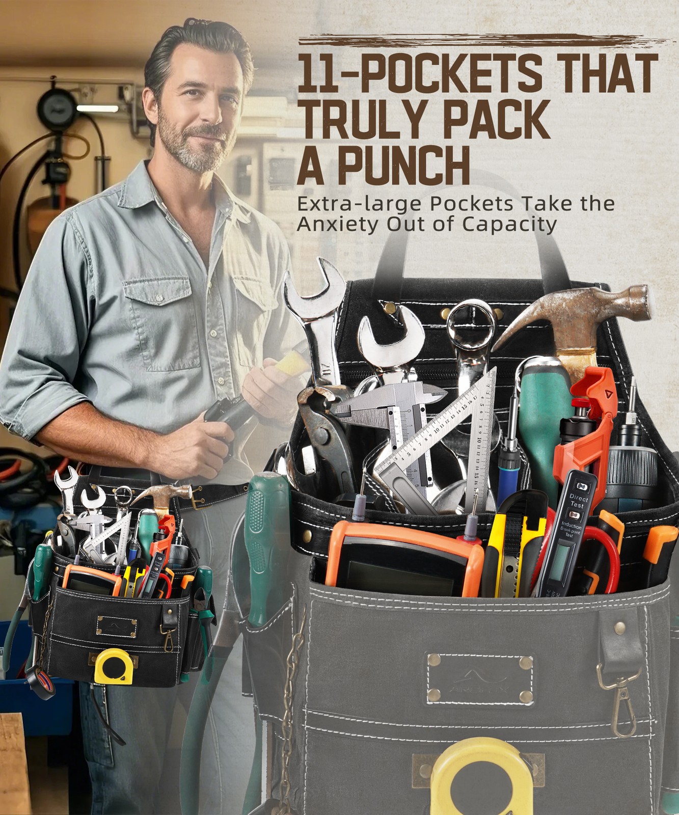 Professional Canvas Tool Belt Bag with Leather Handle & Multi-Pockets Belt Loop
