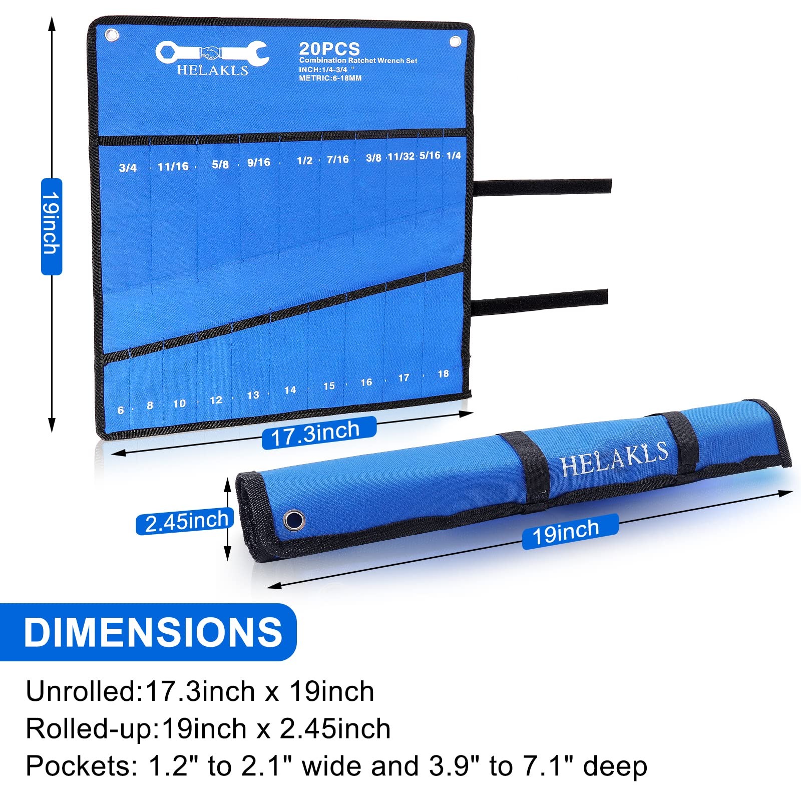 20 Pocket Wrench Roll Up Pouch Heavy Duty Canvas Tool Organizer Blue
