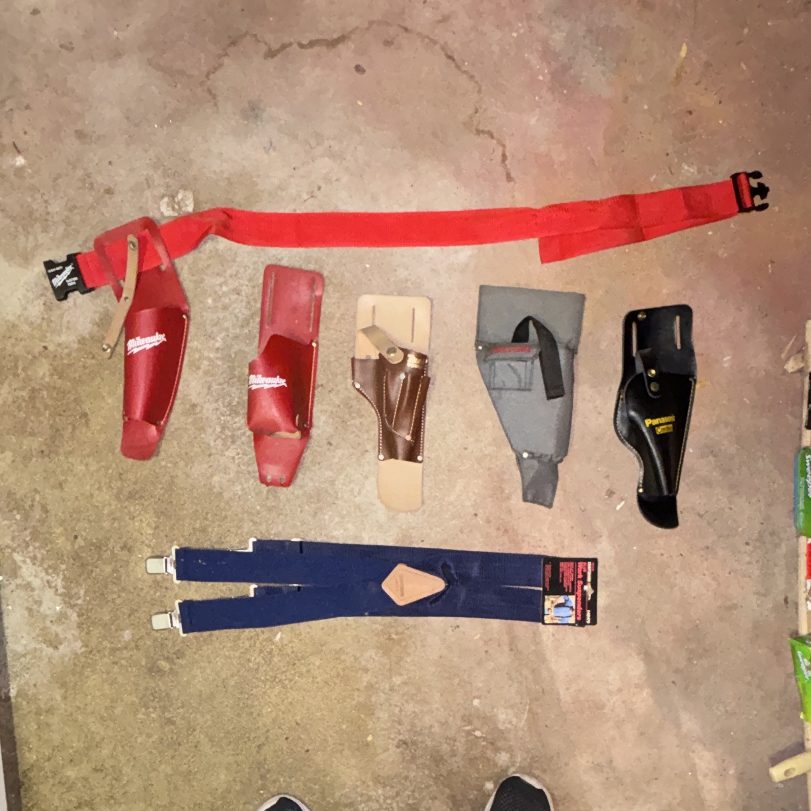 Milwaukee Porter-Cable Panasonic Tool Holster Lot (6) + Craftsman Suspenders