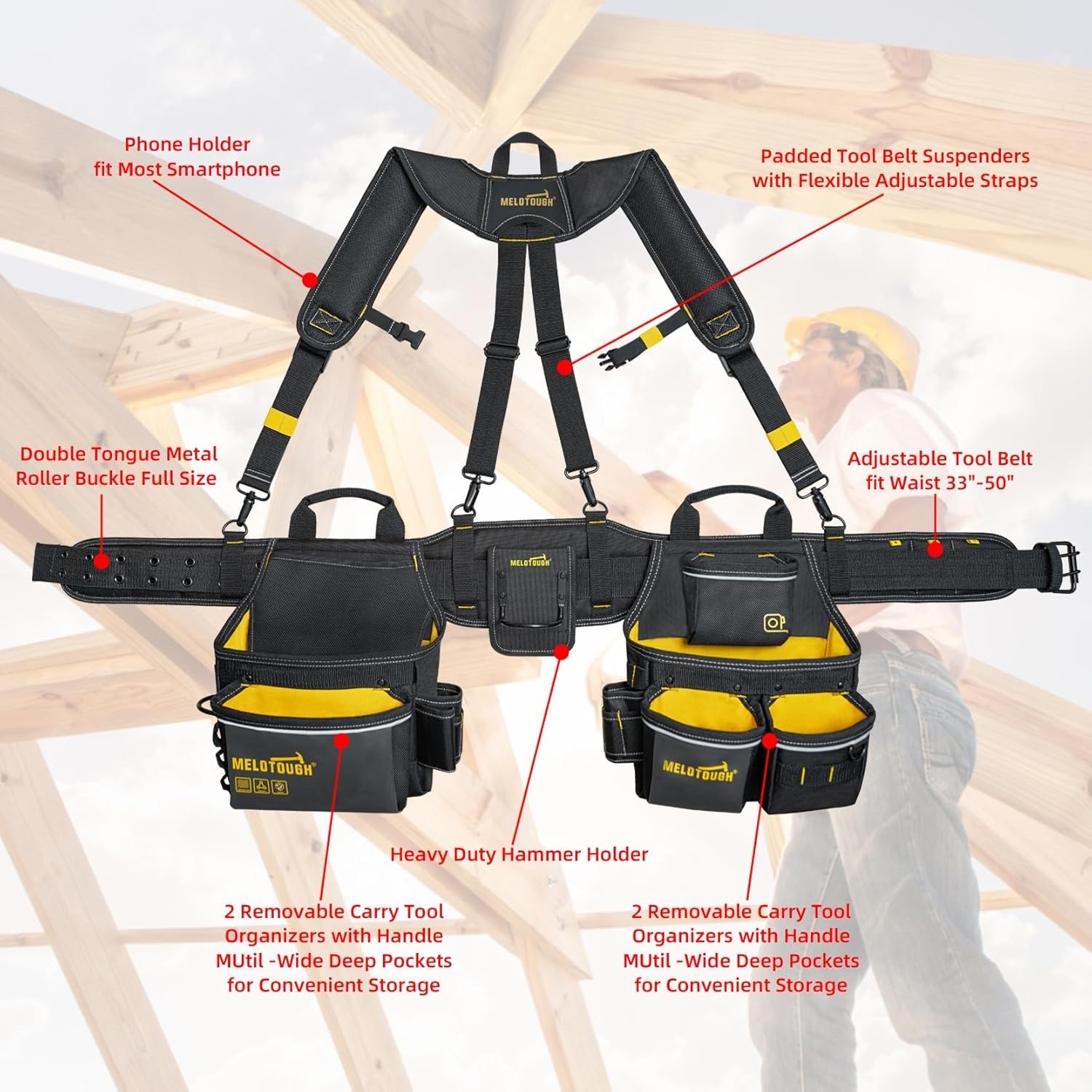 MELOTOU Heavy Duty Tool Belt Pouches Build Suspender Electrician Carpenter Strap