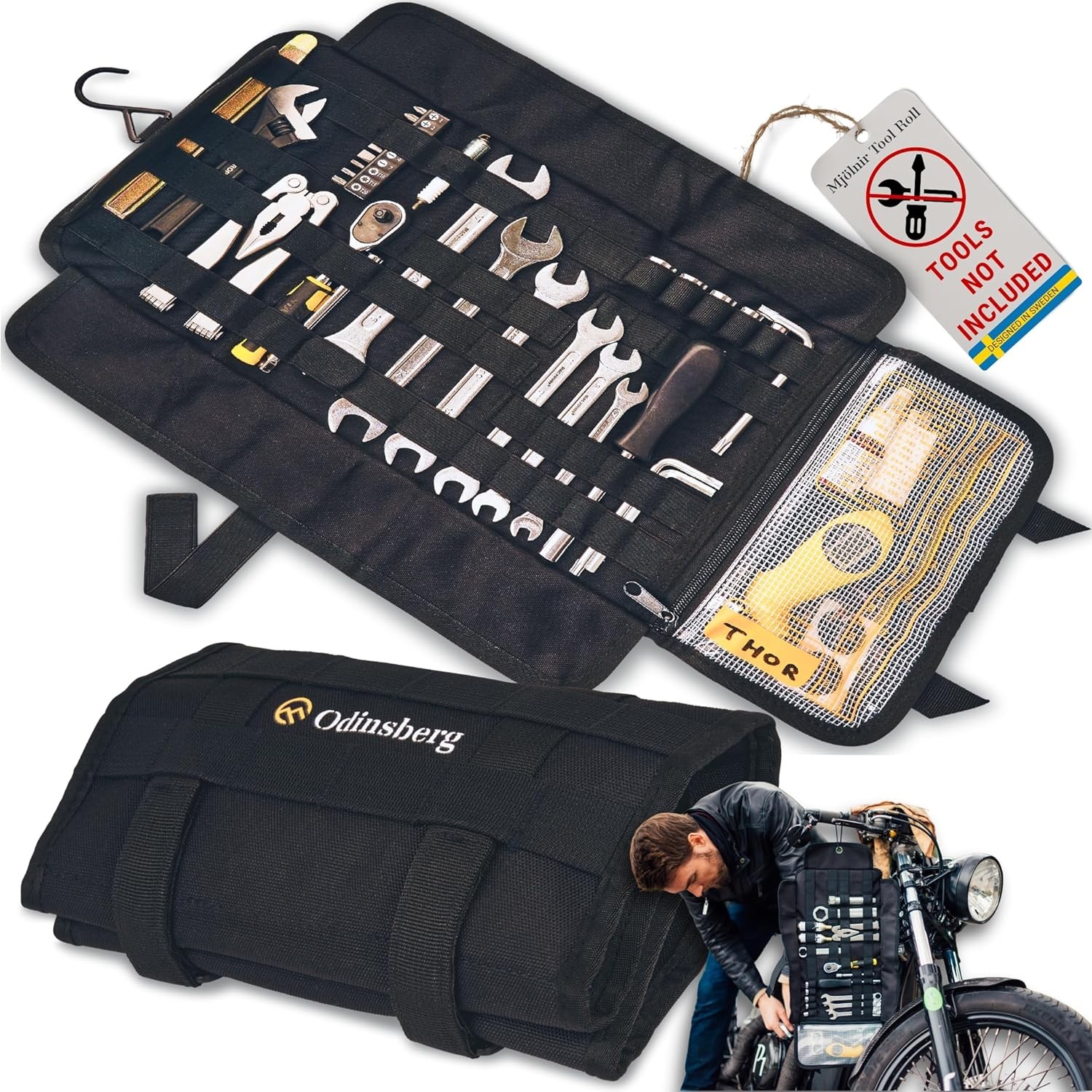 ODINSBERG Motorcycle Tool Roll Bag Tools NOT Included – 14cm x 24cm, Black