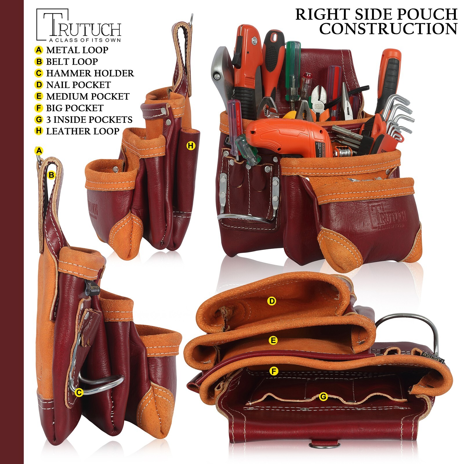 Trutuch Maroon Leather Tool Belt with Suspender | 18 Pockets | Framers Tool Belt