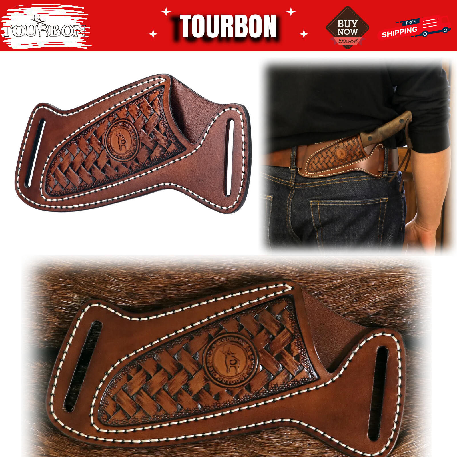 TOURBON Leather Fixed Straight Blade Knife Sheath Belt Pouch EDC Knives Pouch