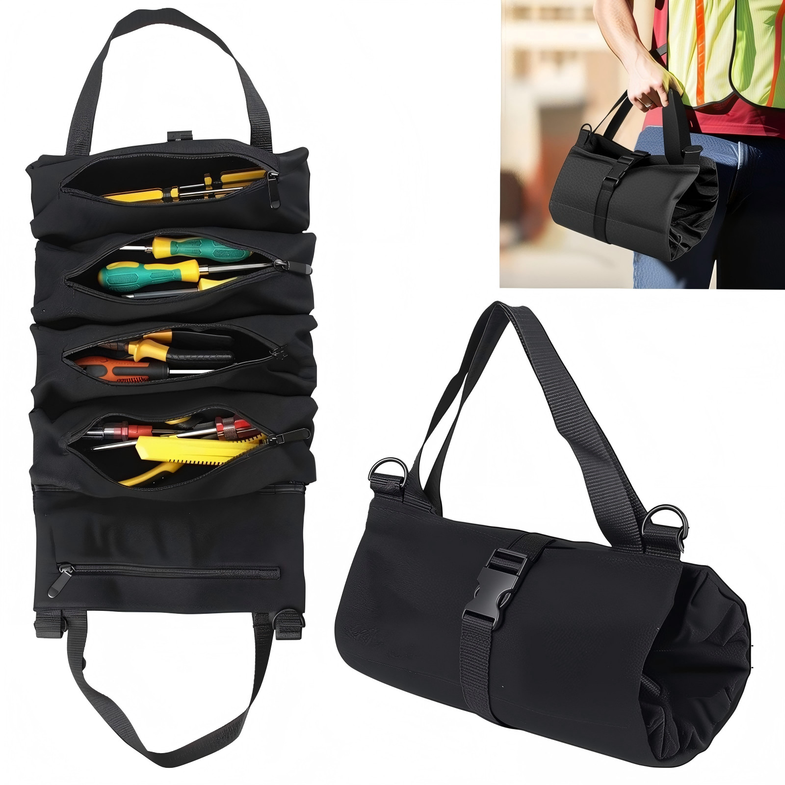 Multi-Purpose Tool Roll Up Bag 5 Pocket Wrench Pouch Canvas Hanging Organizer US