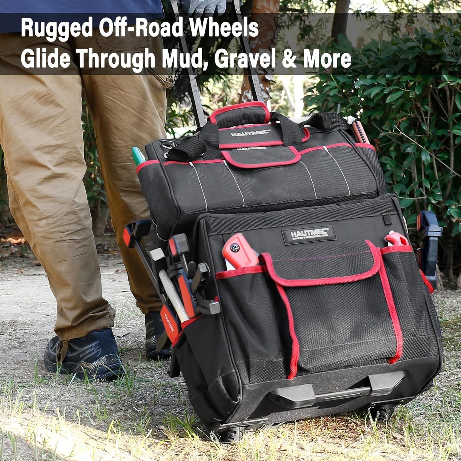 2-Piece Rolling Tool Bag Set, 15″ Wheeled Tool Bag & Wide Mouth Tool Tote, Heavy