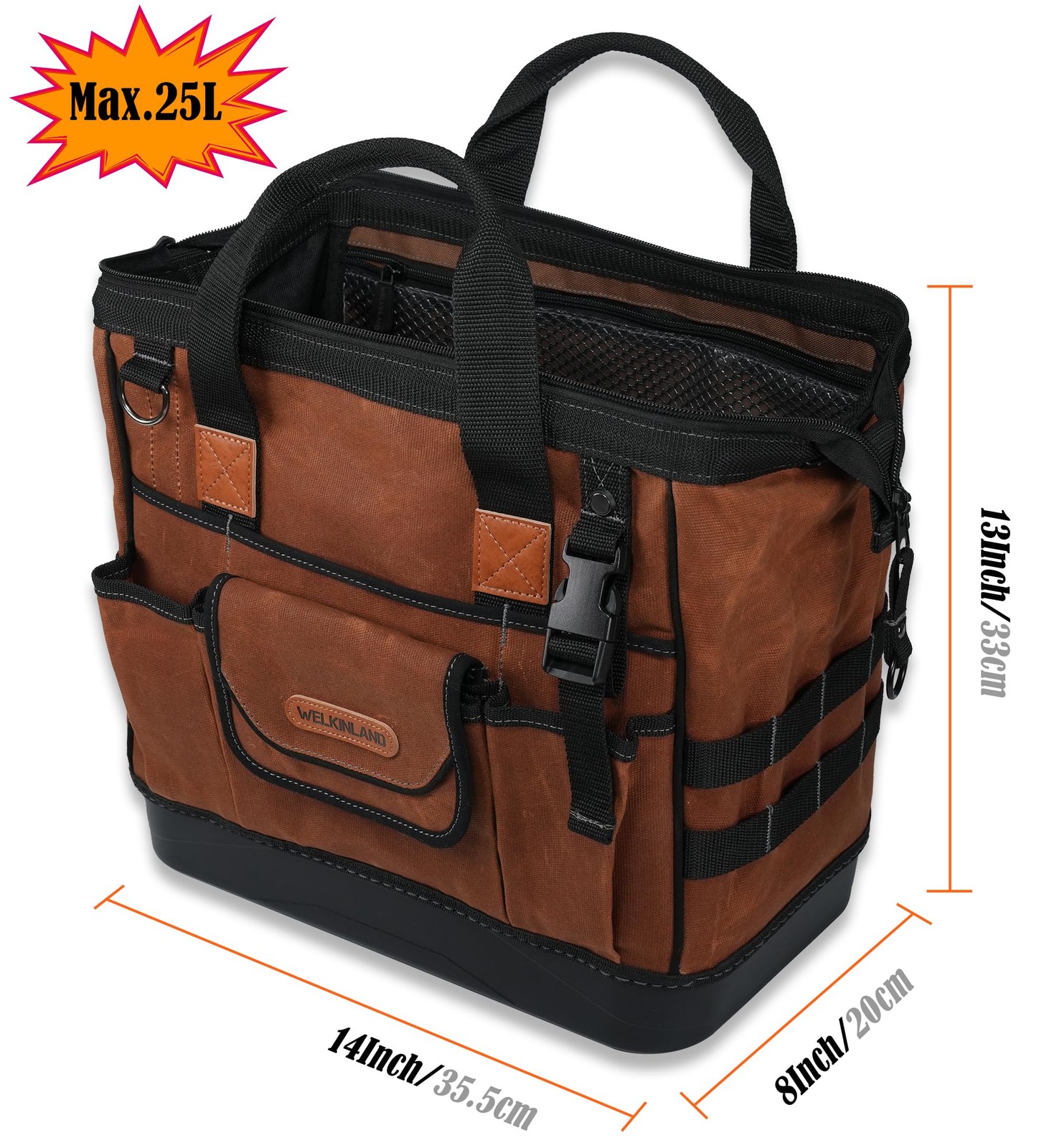 Welkinland 22-Pockets Hard Bottom Tool Bag 14-Inch Waxed Canvas Tools Bag 25L