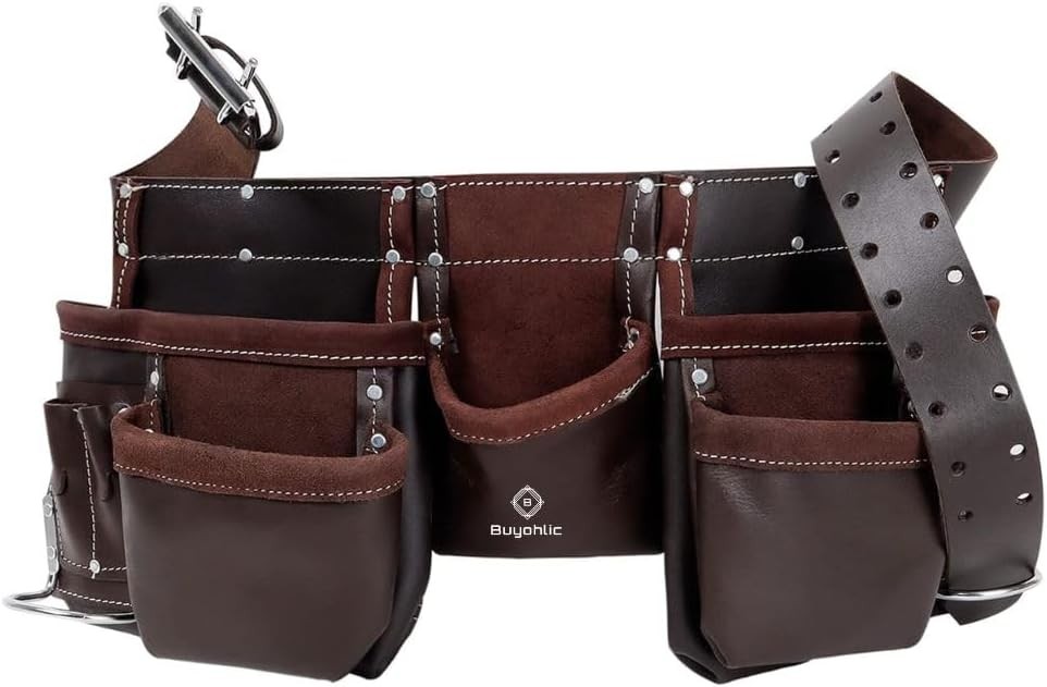 Leather Tool Belt Pouch Bag, 12-Pocket Extra Large Carpenter Tool Belt-USA STOCK