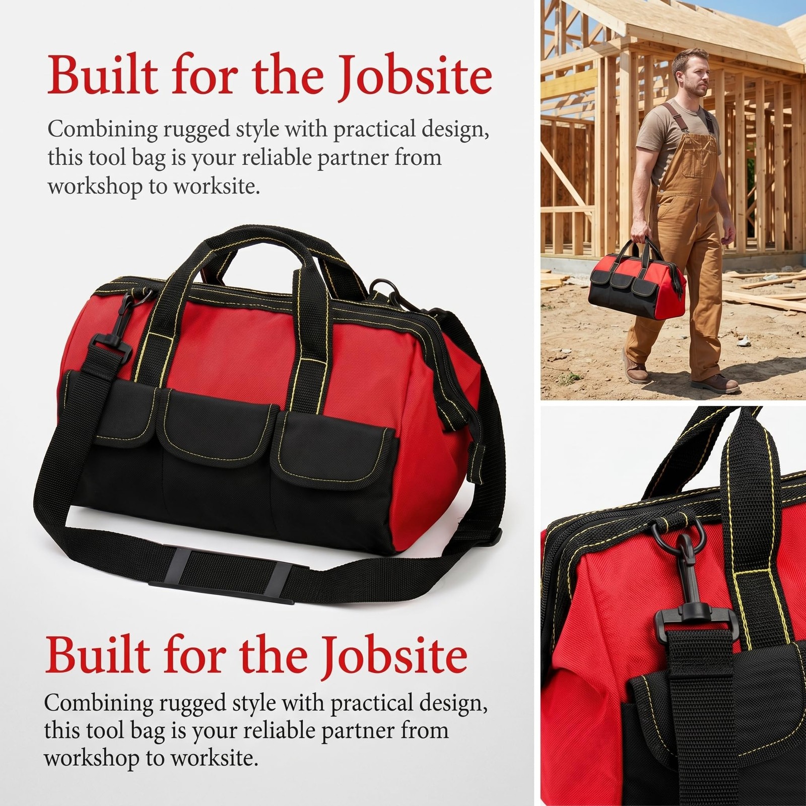 16 Inch Wide Mouth Tool Bag, Collapsible Tool Tote with Waterproof Coating an…