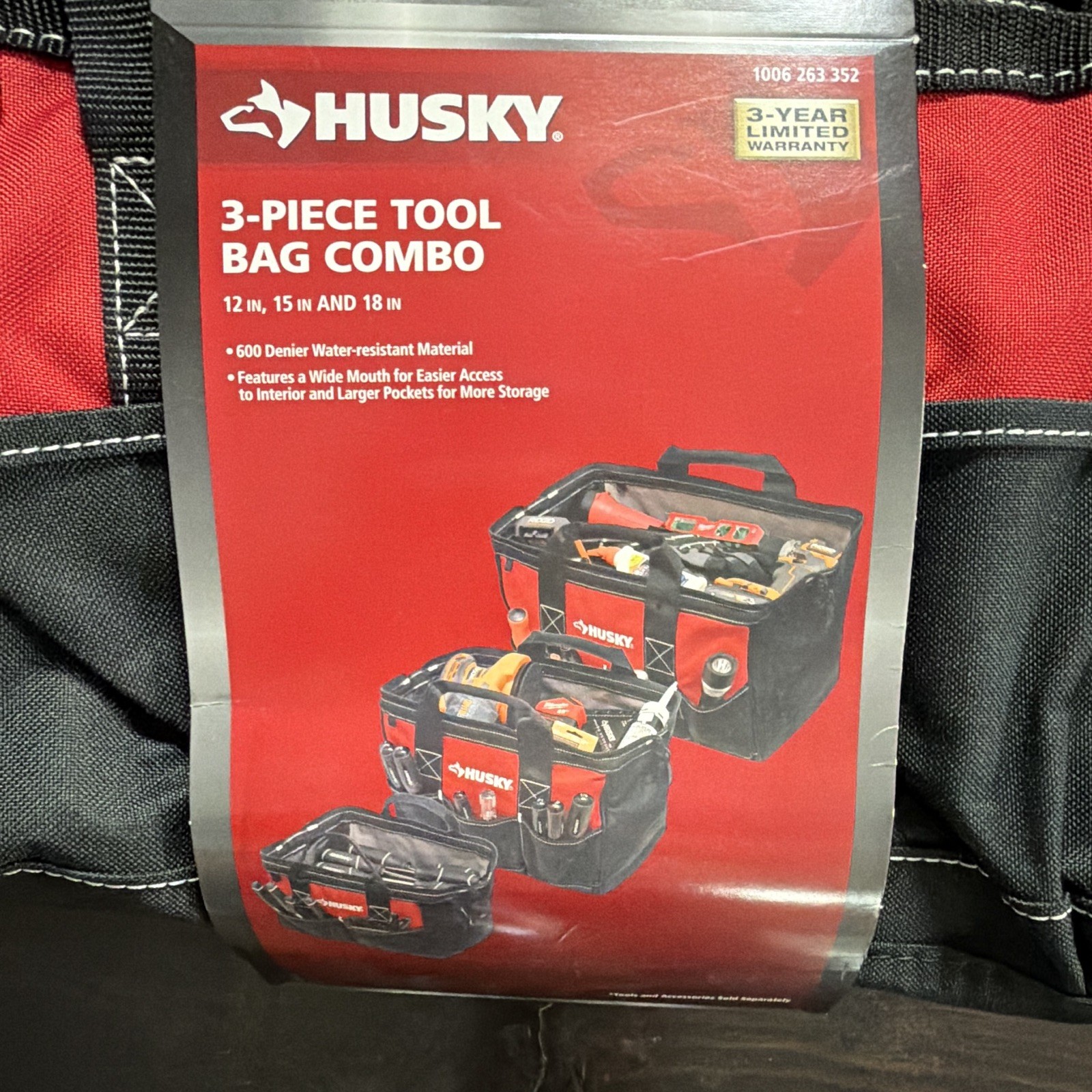 Husky 3-Piece 600D Water-Resistant Tool Bag Set 12/15/18 in Black/Red