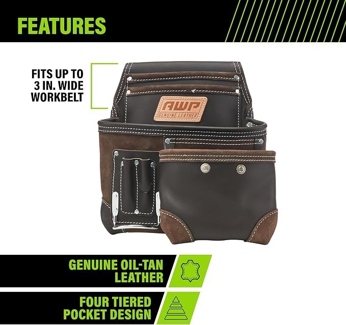 AWP Trapjaw Oil-Tan Tool Rig Genuine Leather Construction Work Belt Pouch New