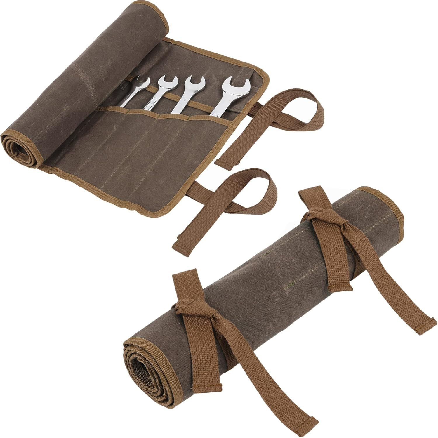 Wrench Roll Up Tool Bag Waxed Canvas Organizer 24 Pocket Heavy Duty Brown