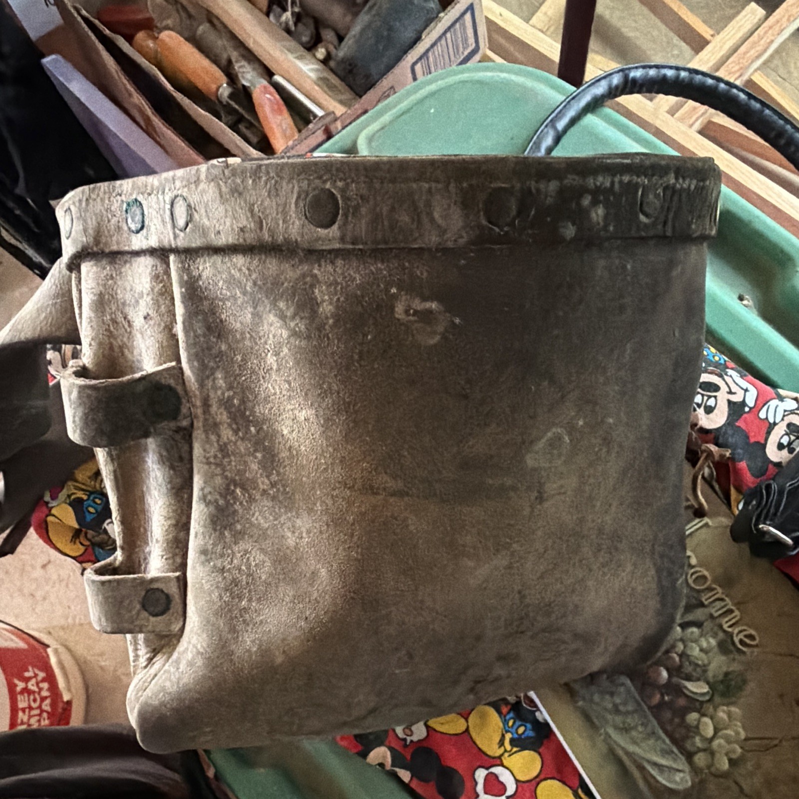 Vintage Brown Leather Tool Bag Pouch with Straps and Hardware