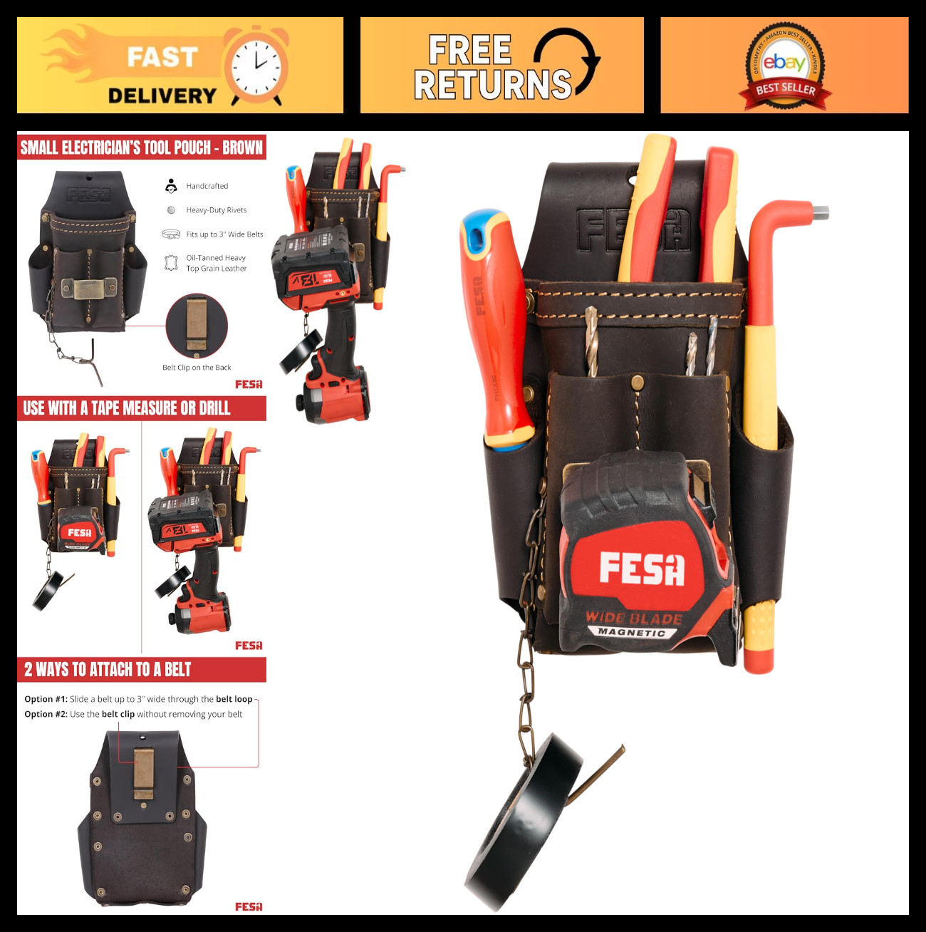 Small Leather Electrician Tool Pouch 7-in-1 with Tape Measure Clip & 5 Pockets
