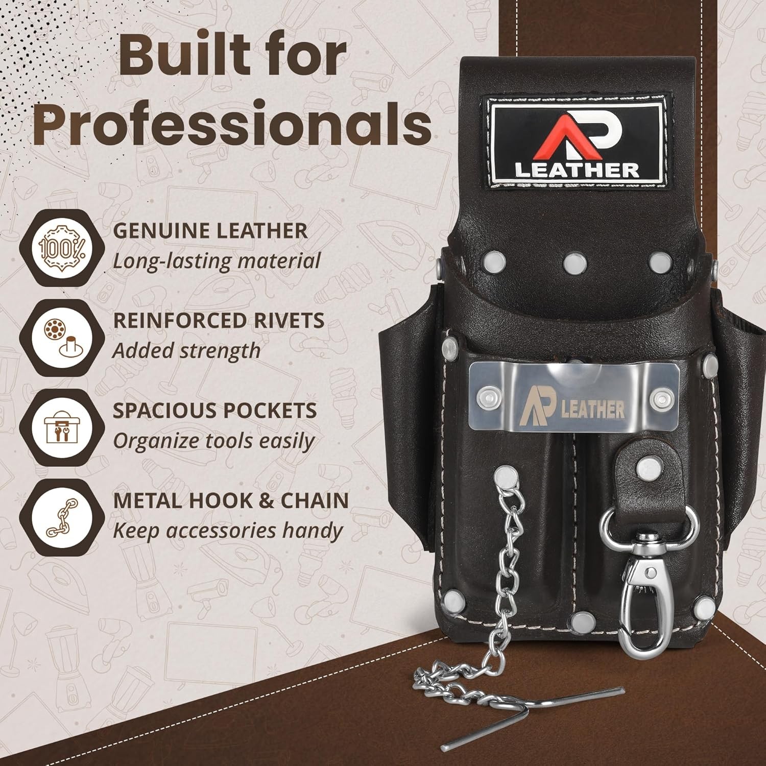 Ap-Leather Pro-5 Electrician Pouch, Leather Tool Pouch, 5 Pocket Pouch with Elec