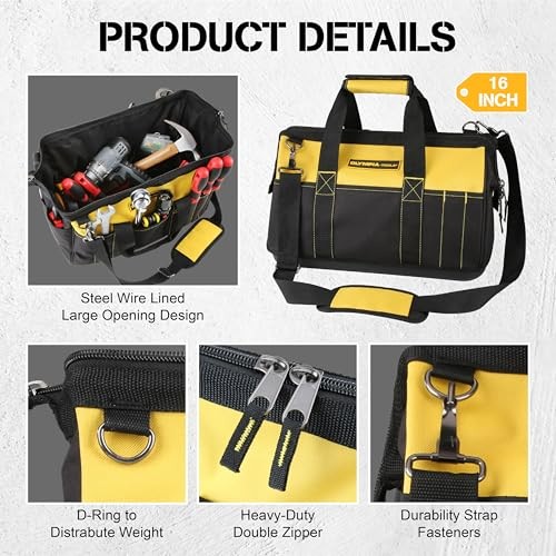 16 Inch Wide Mouth Tool Bag, Tool Tote with Water Proof Molded 16-Inch 16-Inch