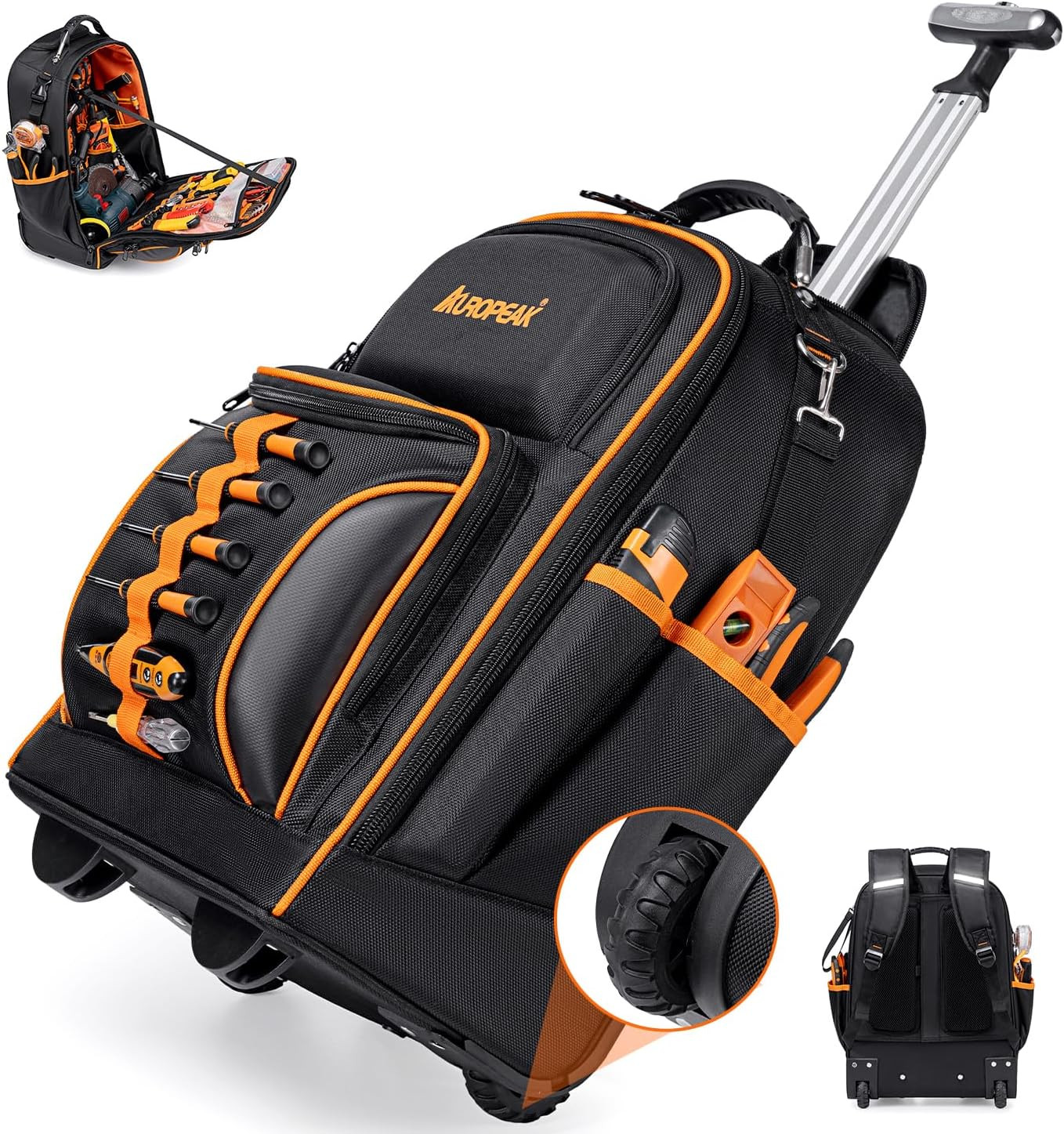 2-In-1 Rolling Tool Backpack Heavy Duty, Rolling Tool Bag with Wheels, 63-Pocket