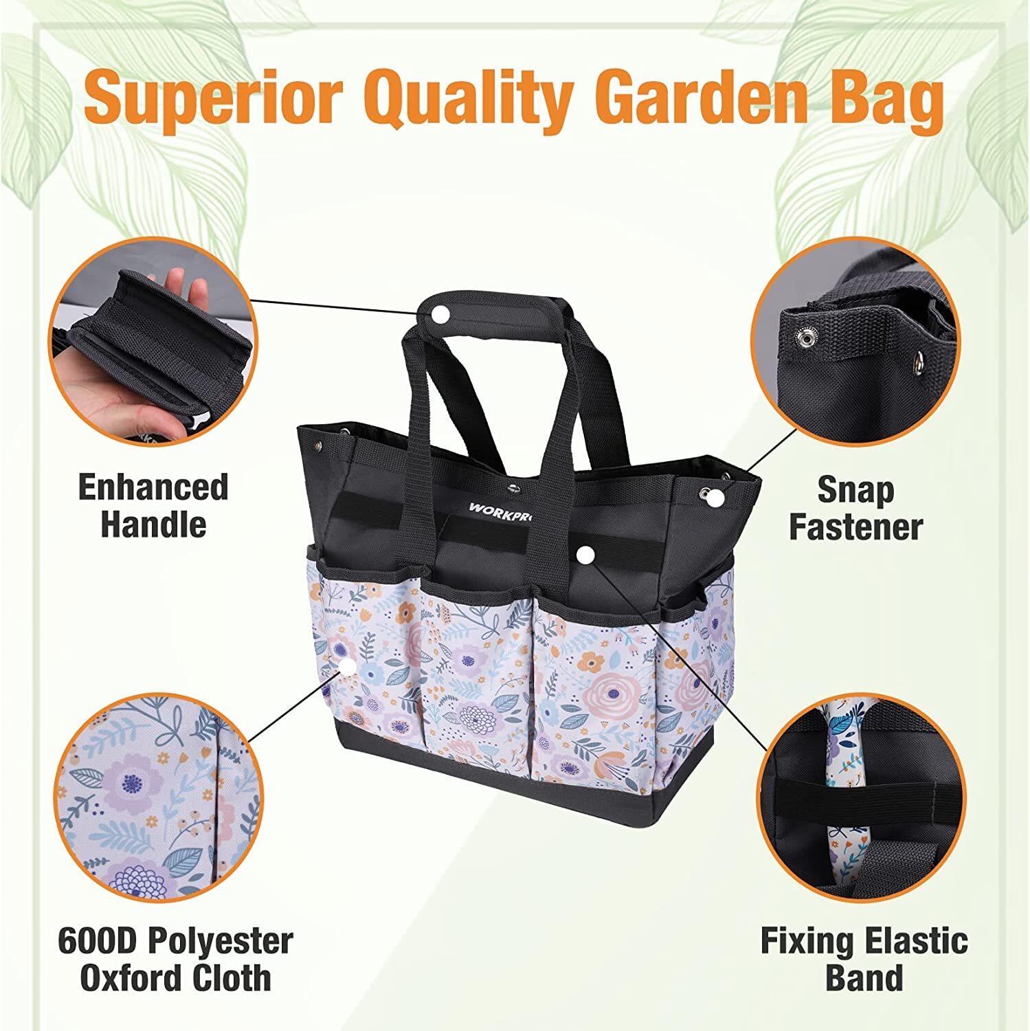 WORKPRO Garden Tool Bag 9 Pockets Heavy Duty Oxford Tool Bag(Tools NOT Included)
