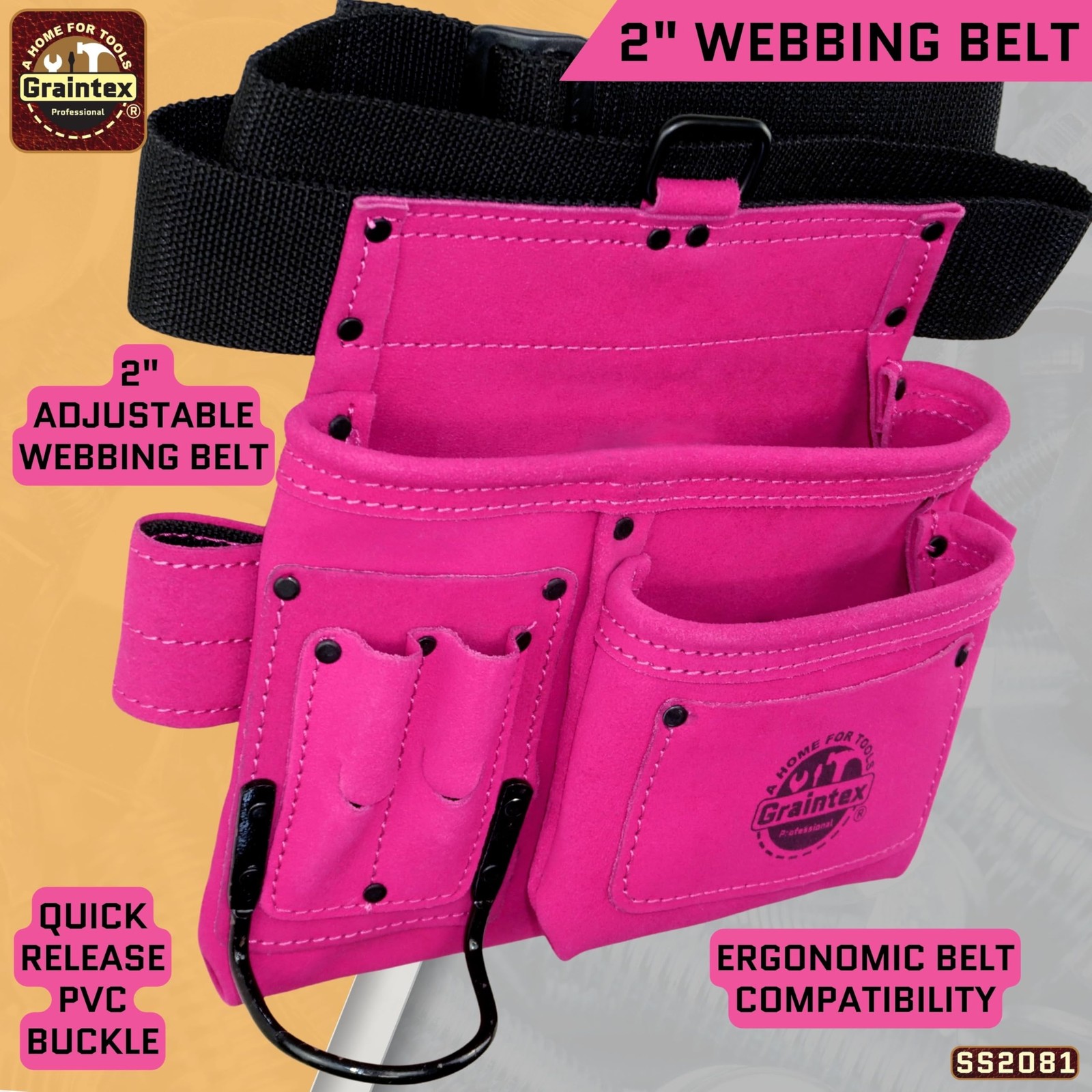 GRAINTEX SS2081 5 Pocket Nail & Tool Pouch Pink Color Suede Leather with 2” Webb