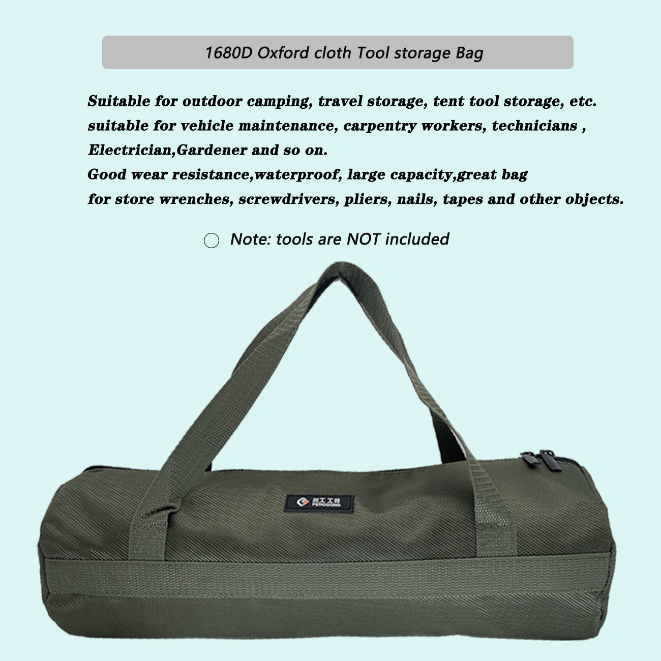 16 inch Green Tool Bag with Zippers Quick storage Canvas for home 15.75×5.12in