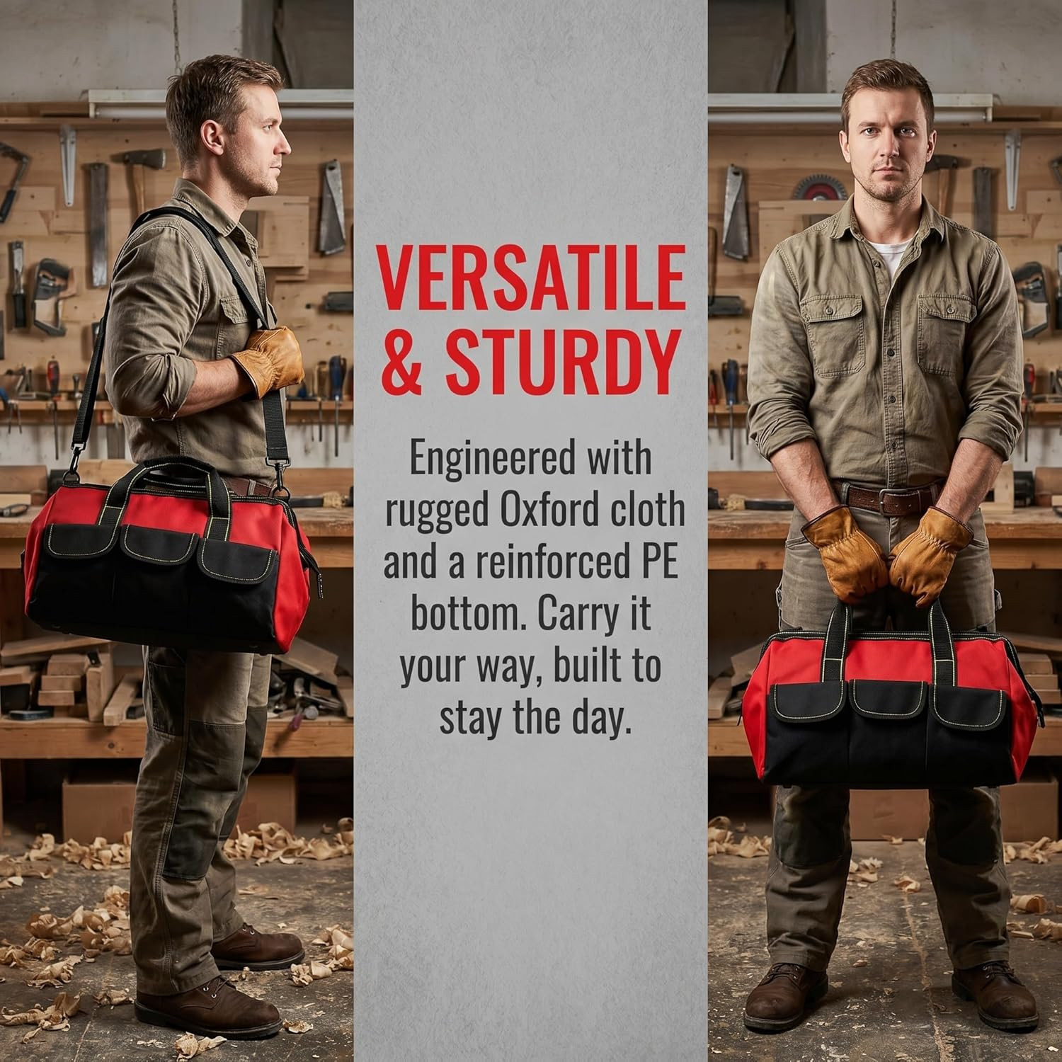 16 Inch Wide Mouth Tool Bag, Collapsible Tool Tote with Waterproof Coating and A