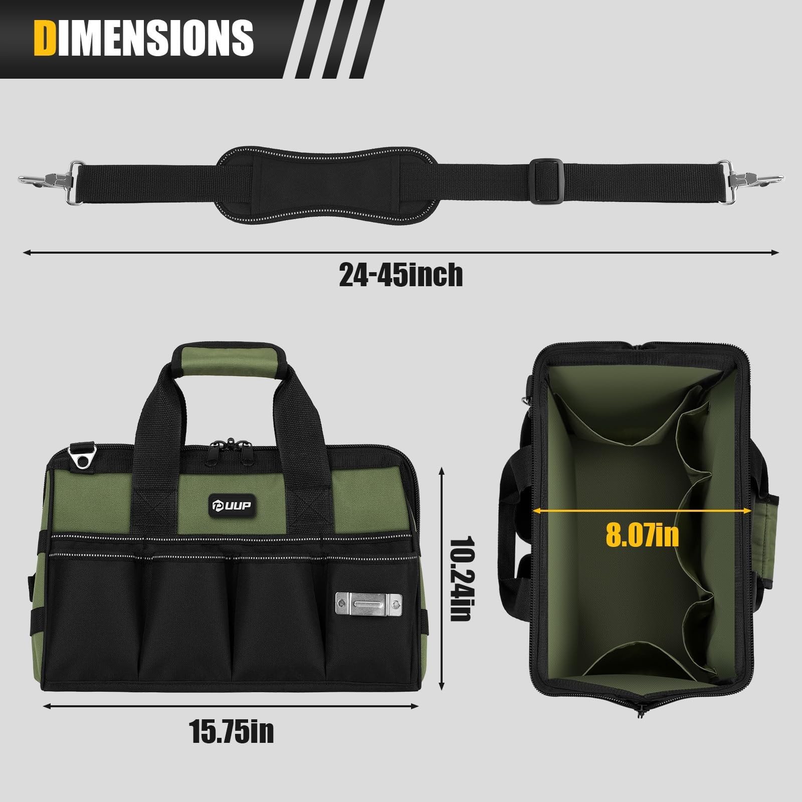 UUP Heavy Duty Tool Bag 15-Inch, 16-Pocket Portable Empty 15.5 Inch, Green