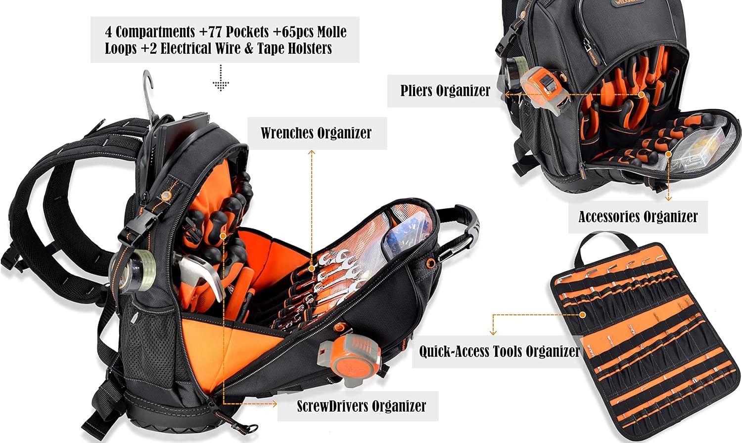 WELKINLAND 77-Pockets Electricians Tool Backpack, Tool Backpack For Men