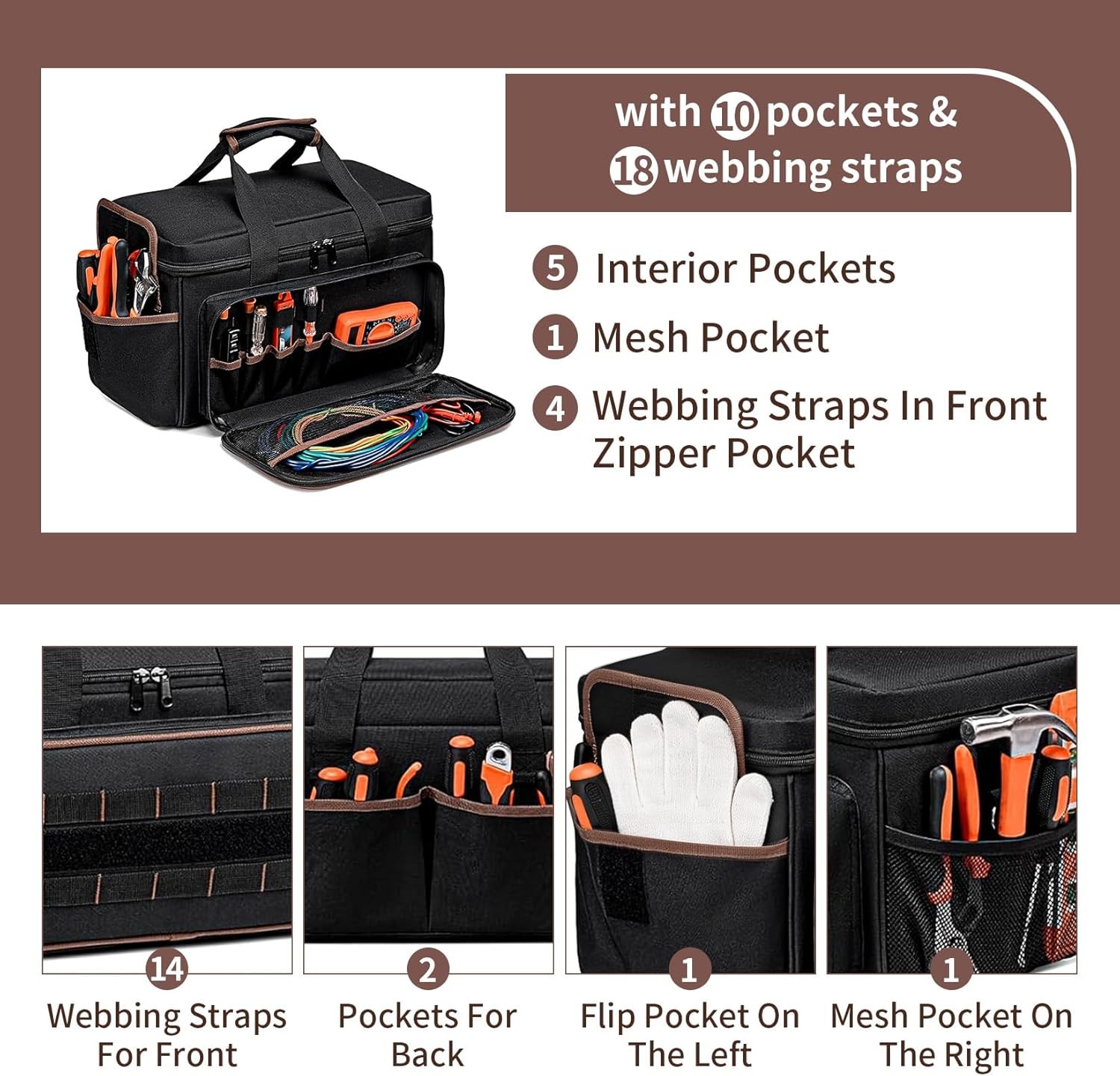 17″ Oxford Tool Tote W/ Padded Handle – Multi-Pocket Organizer for Electricians