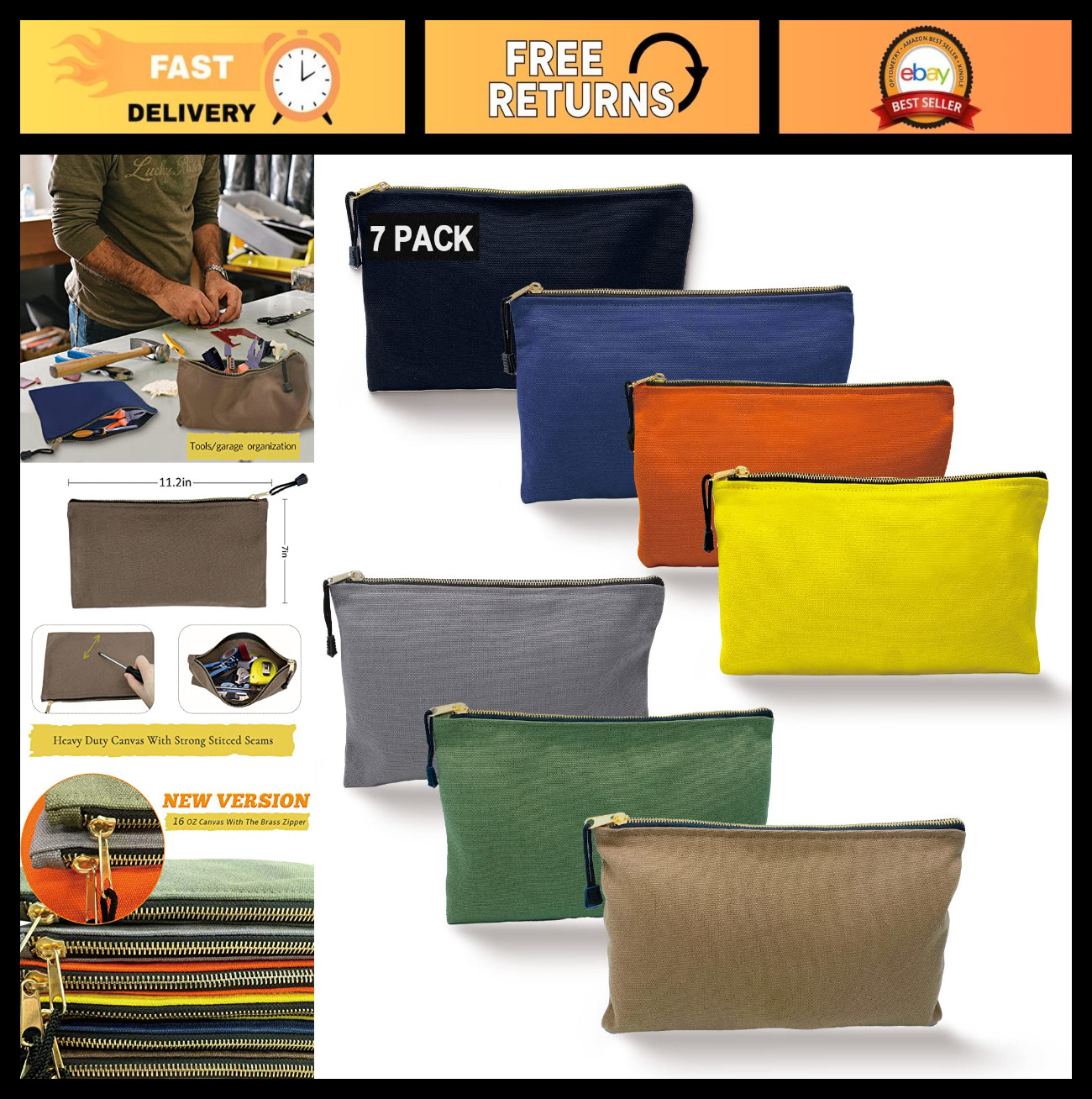 Heavy Duty Canvas Tool Bag Organizer – 7 Assorted Zipper Utility Pouches for Too