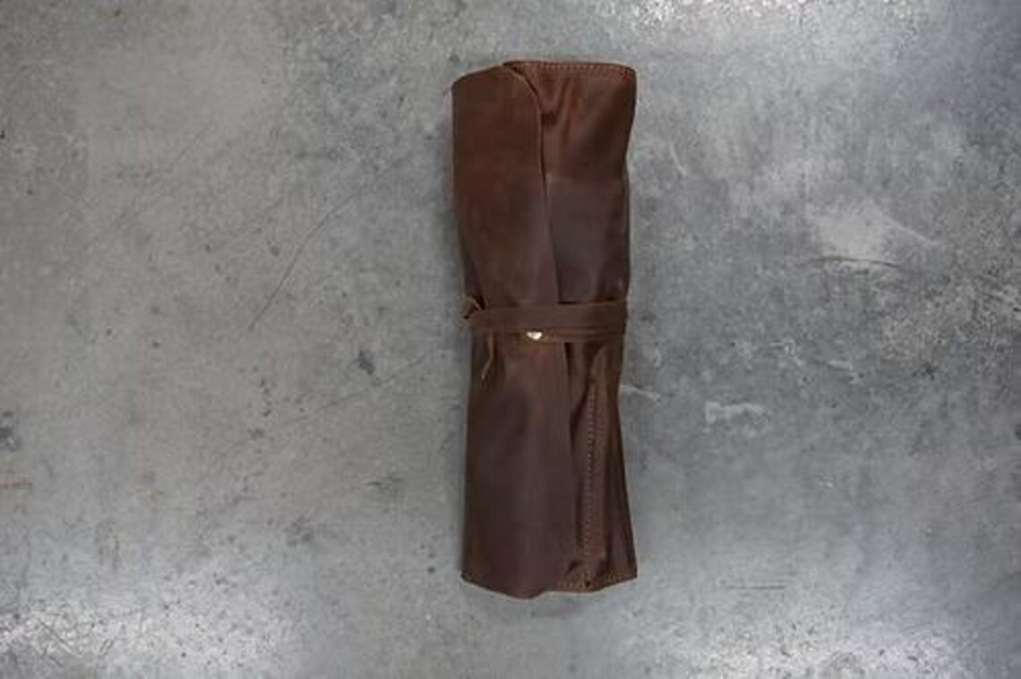 Brown Leather Tool Roll with Antique Worn look Finish 7 Tool Pockets