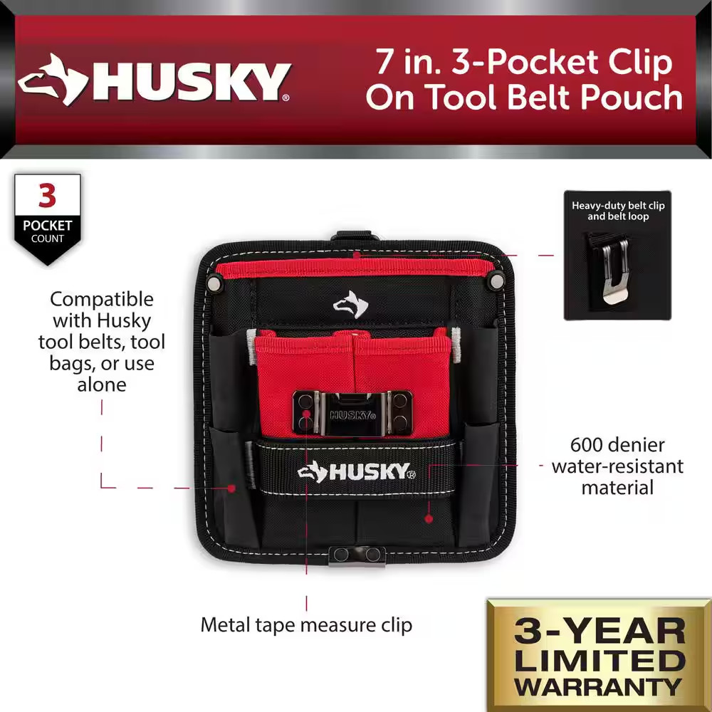 7 In. 3-Pocket Clip on Tool Belt Pouch