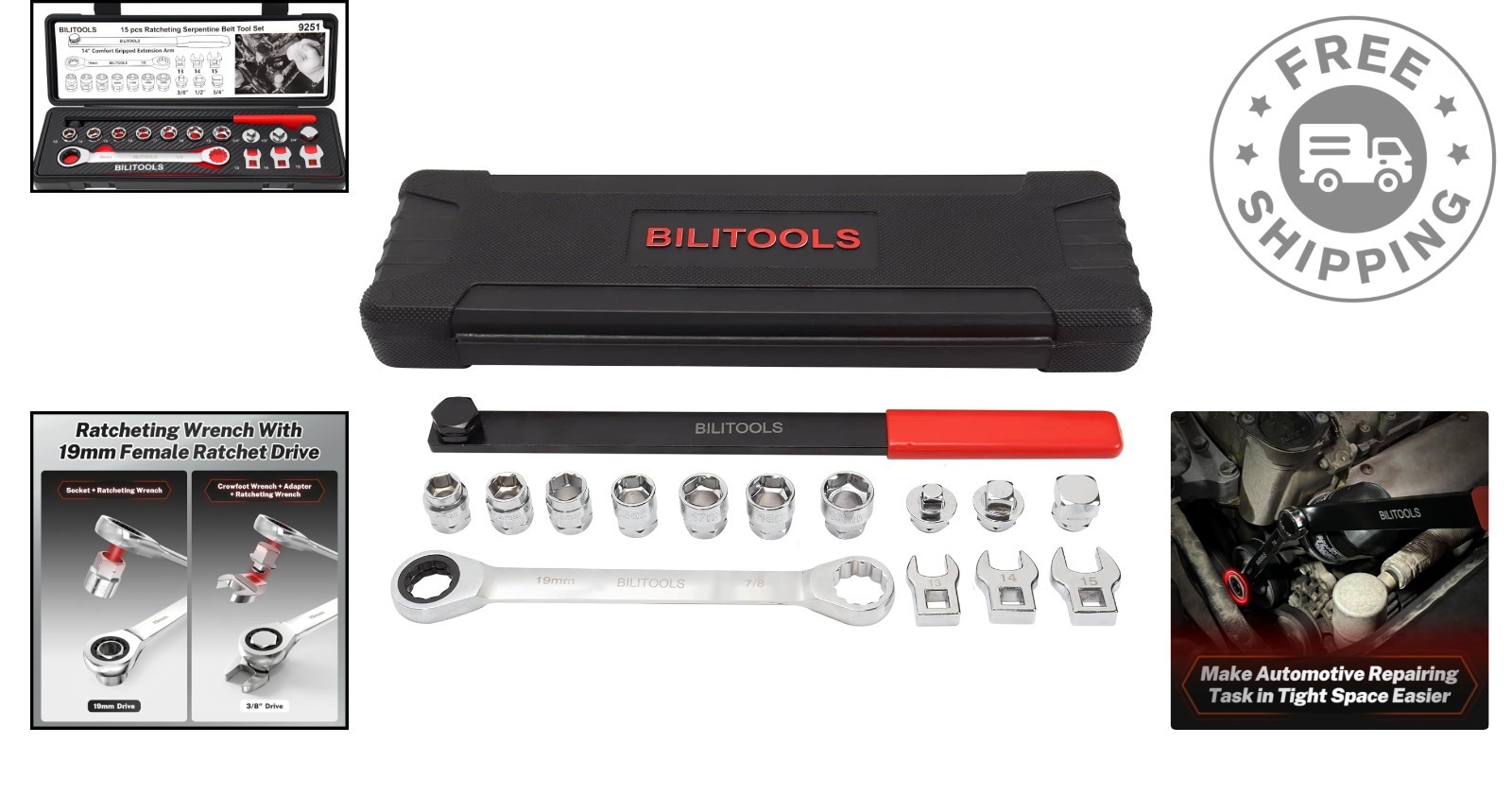 15-Piece Carbon Steel Serpentine Belt Tool Set with Ratcheting Wrench & Adapters