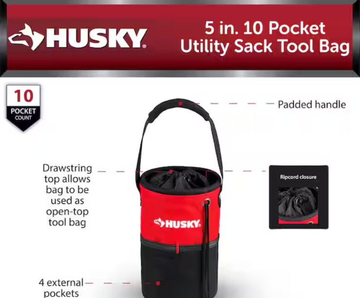 Husky Utility Sack Tool Bag 5 in. 10 Pocket